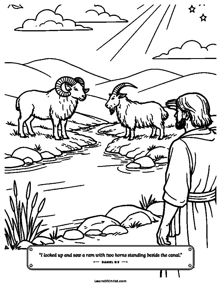 Daniel 8 coloring page - A ram and a goat on the hill