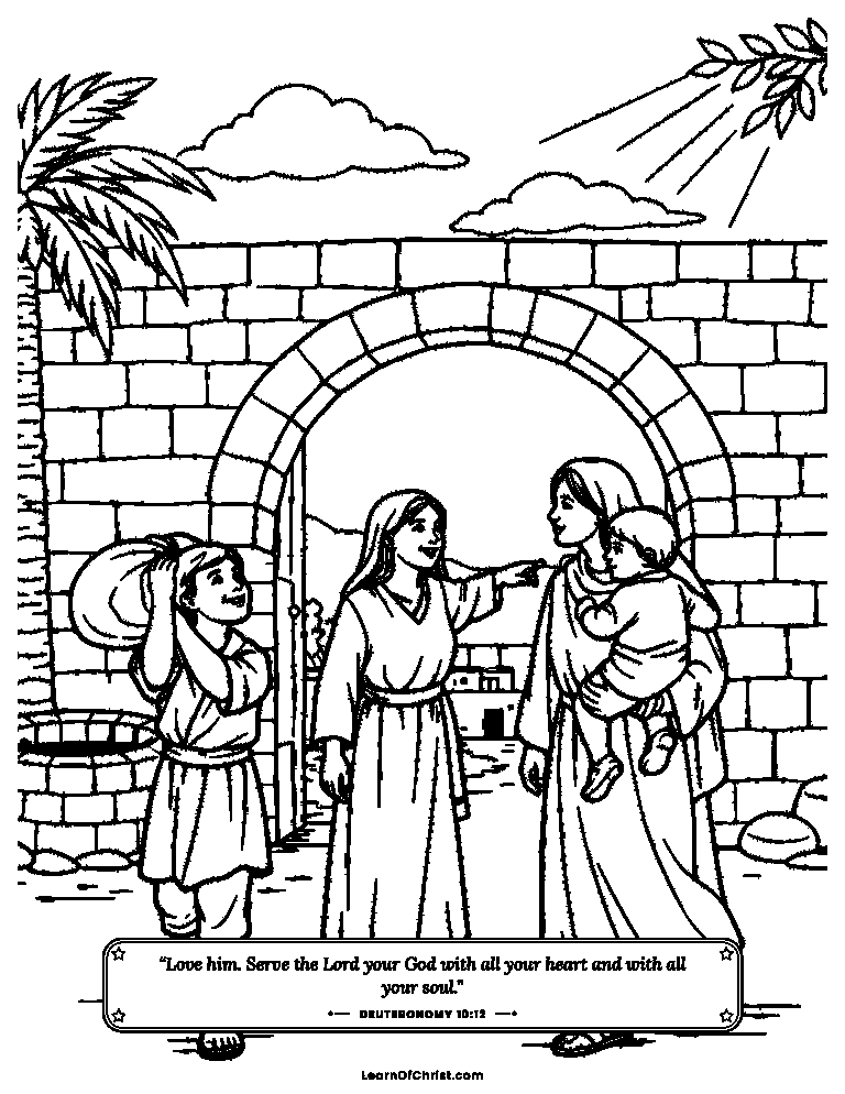 Deuteronomy 10 coloring page - Making a stranger welcome in the village
