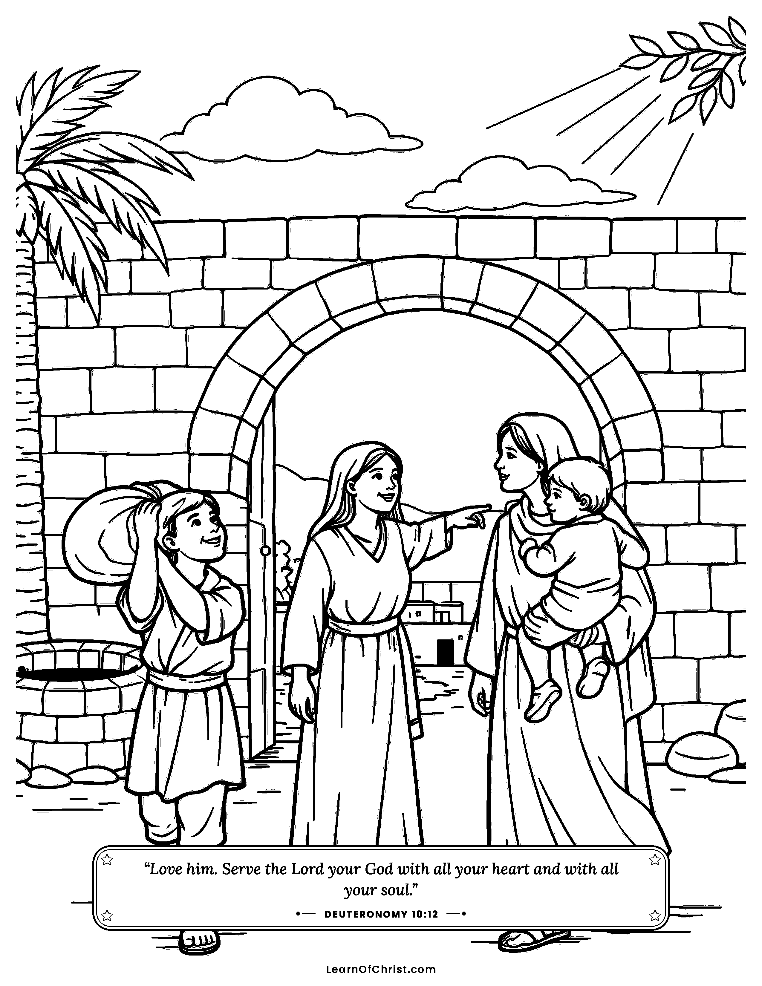 Deuteronomy 10 coloring page - Making a stranger welcome in the village. Free printable Bible coloring sheet for kids.
