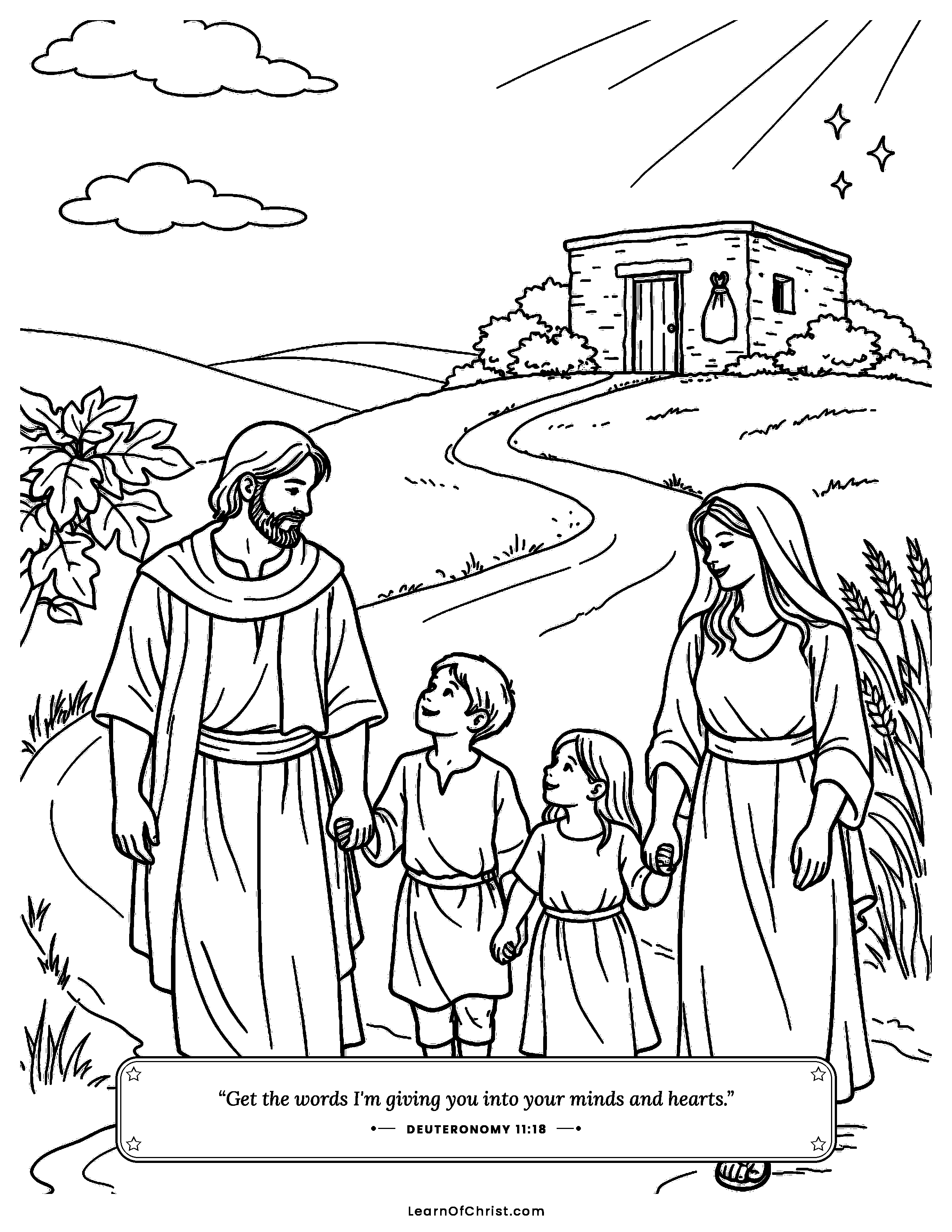 Deuteronomy 11 coloring page - Walking the road, talking about God. Free printable Bible coloring sheet for kids.