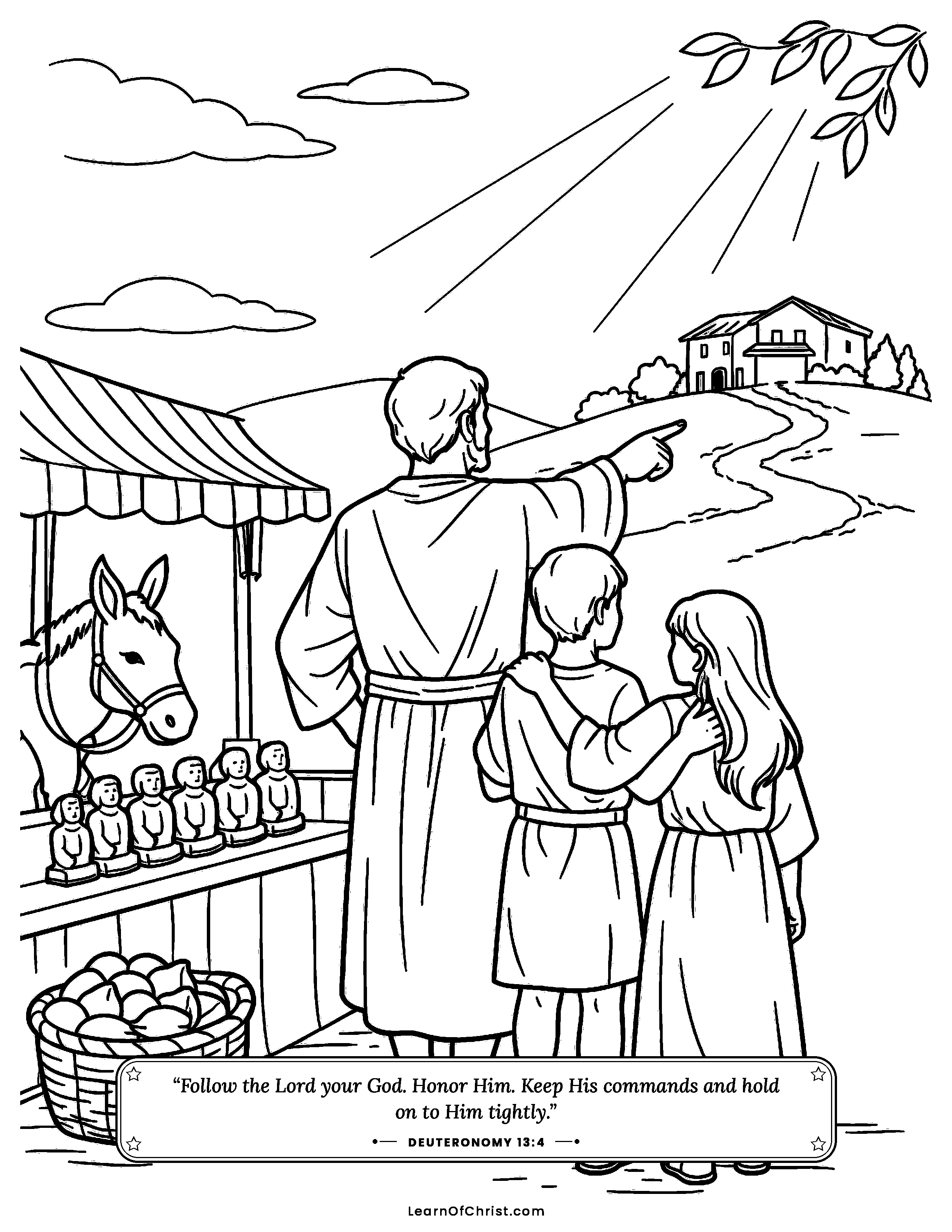 Deuteronomy 13 coloring page - Turning away from the carved statues. Free printable Bible coloring sheet for kids.