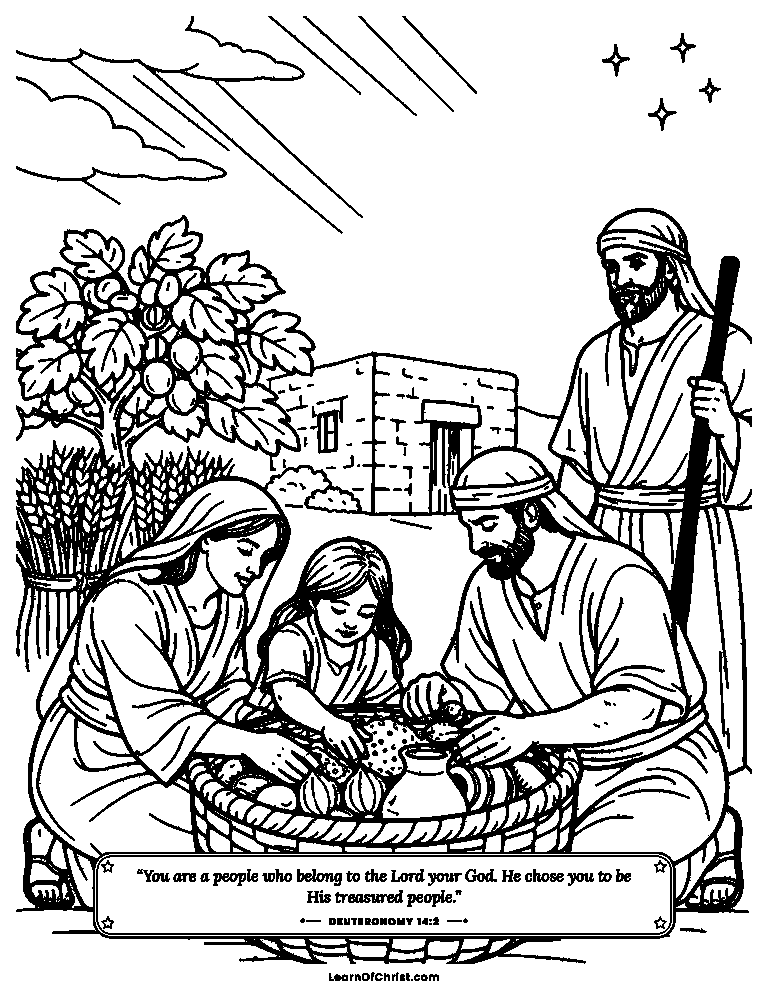 Deuteronomy 14 coloring page - Setting aside a tenth for the feast