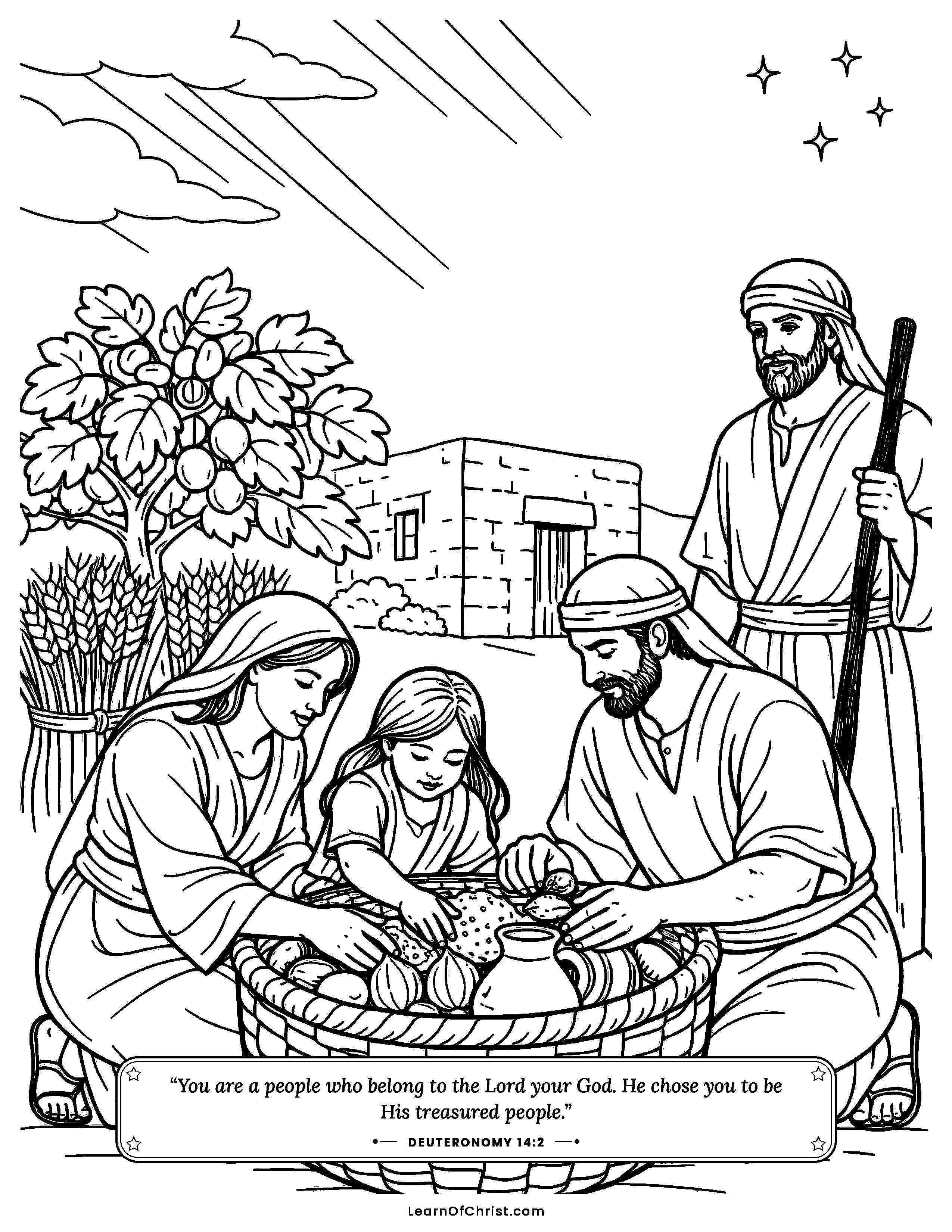 Deuteronomy 14 coloring page - Setting aside a tenth for the feast. Free printable Bible coloring sheet for kids.