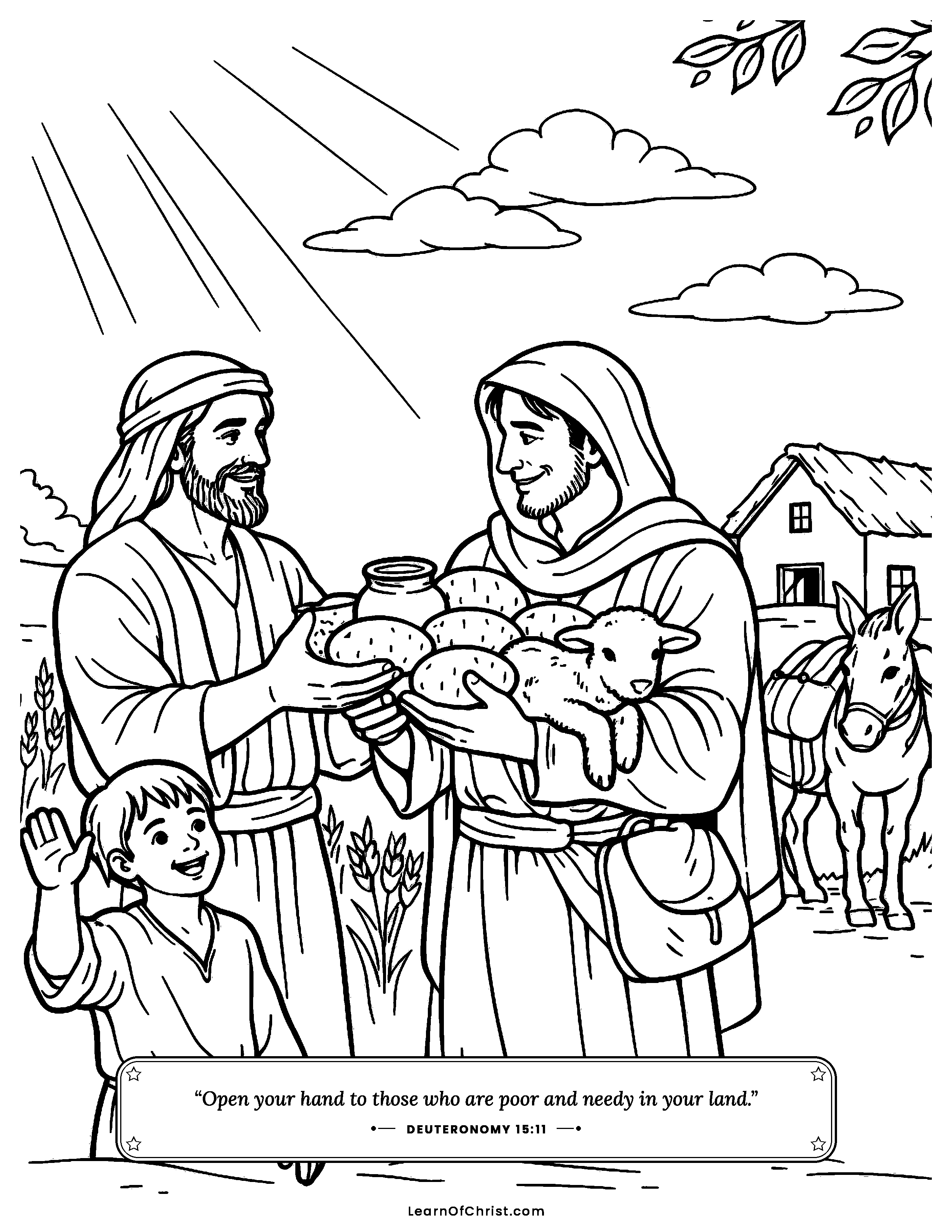 Deuteronomy 15 coloring page - Sending a friend off with full arms. Free printable Bible coloring sheet for kids.