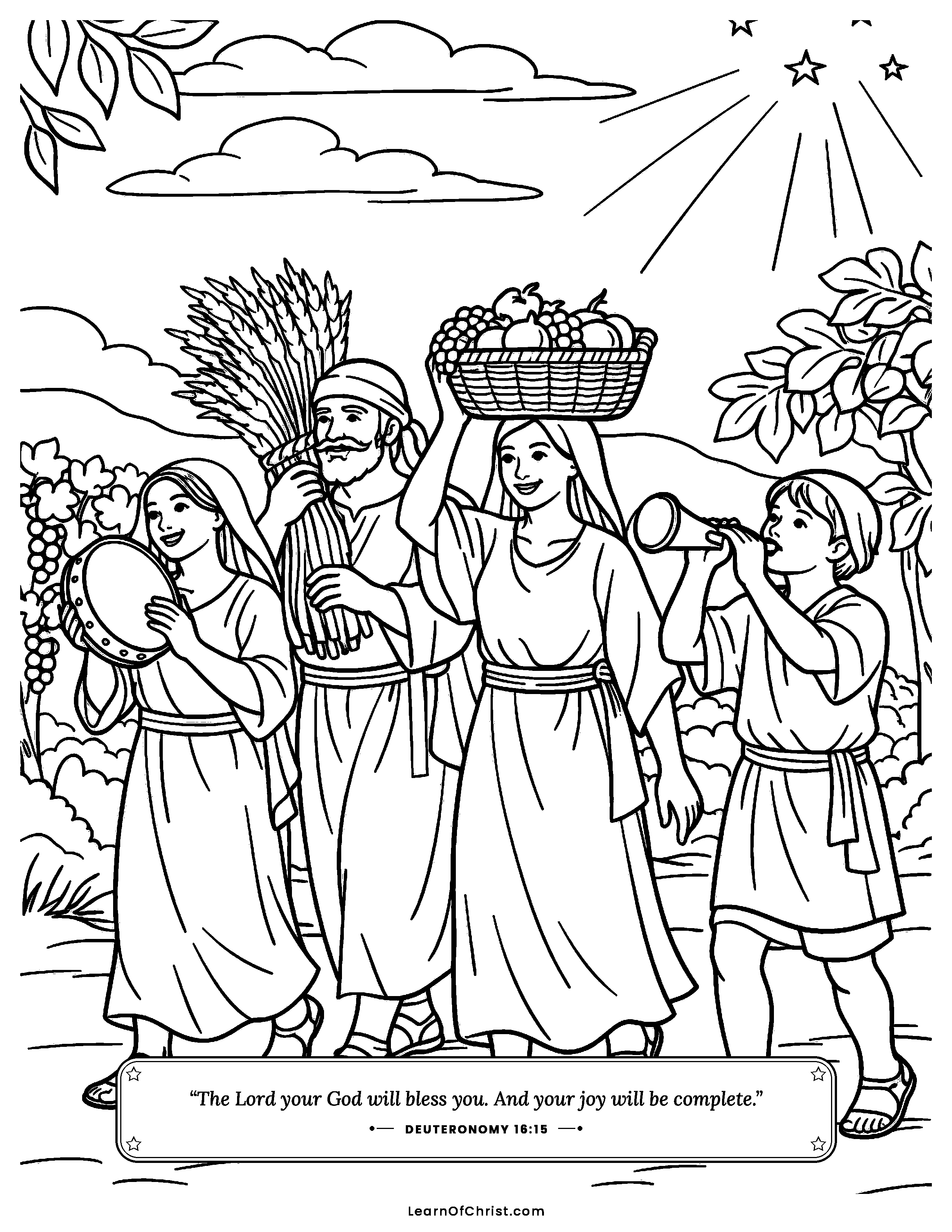 Deuteronomy 16 coloring page - A joyful harvest festival parade. Free printable Bible coloring sheet for kids.