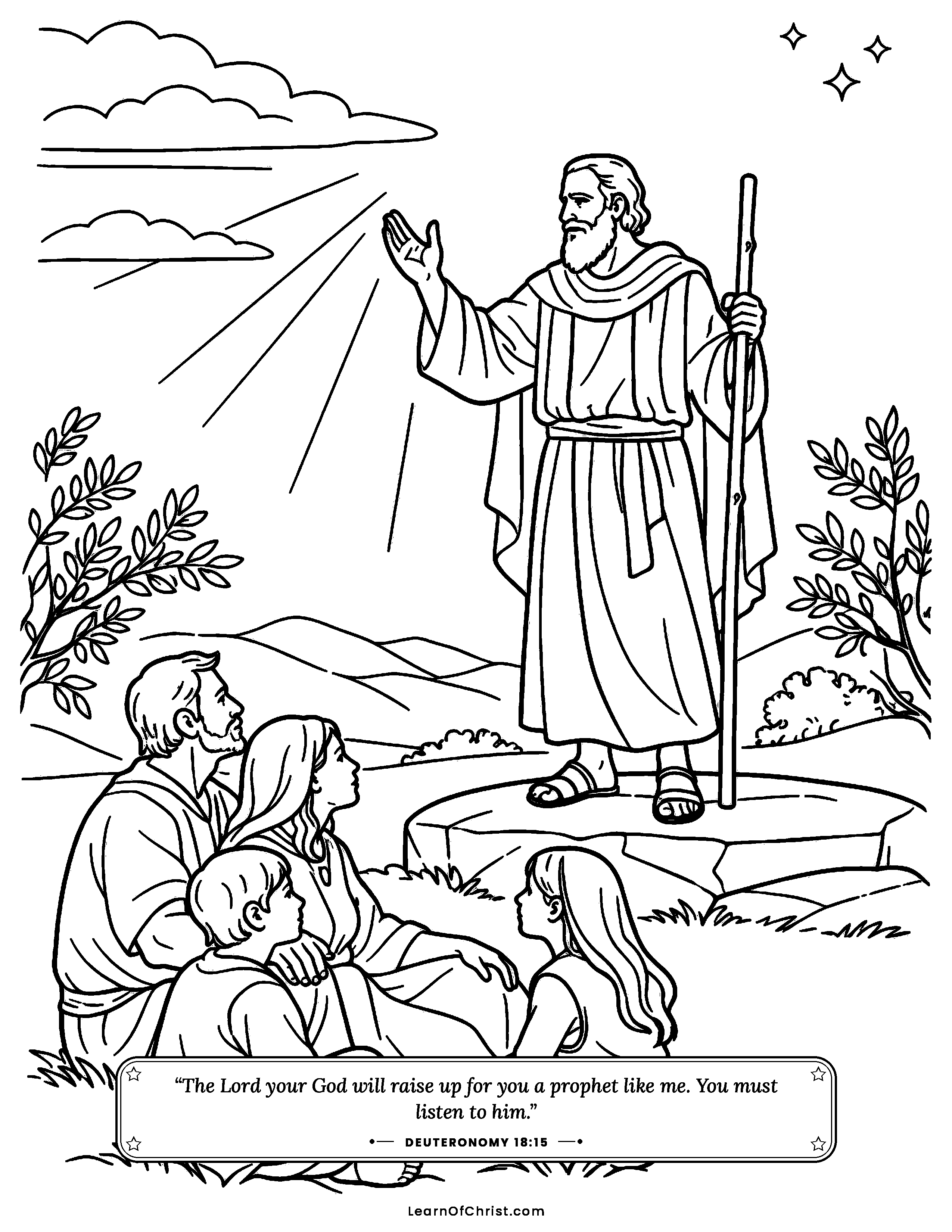 Deuteronomy 18 coloring page - Listening to God's messenger. Free printable Bible coloring sheet for kids.