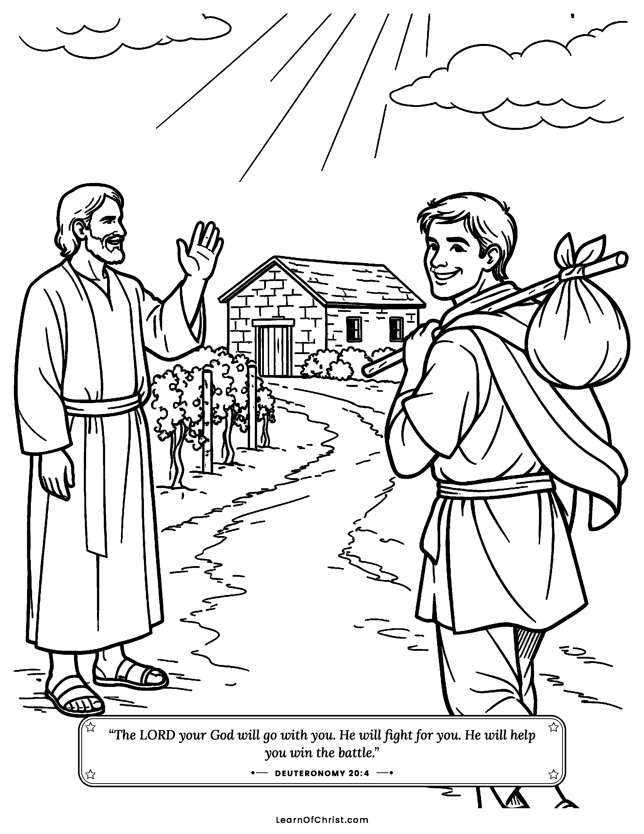 Deuteronomy 20 coloring page - Sent home to a new house and vineyard. Free printable Bible coloring sheet for kids.