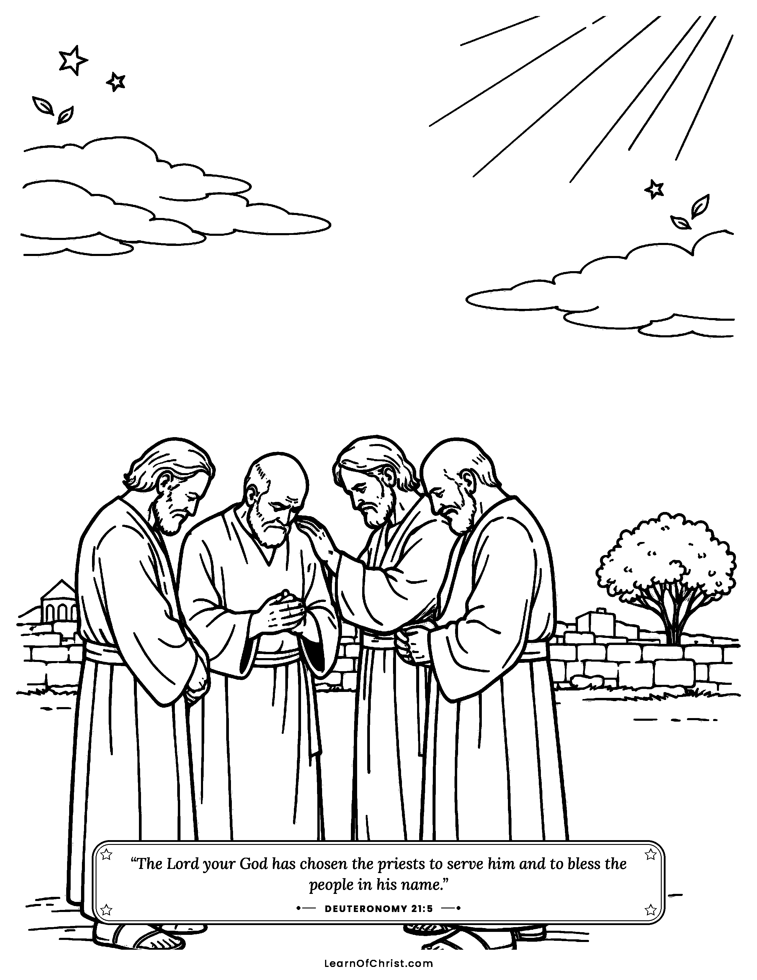 Deuteronomy 21 coloring page - Town elders stop to care and pray. Free printable Bible coloring sheet for kids.
