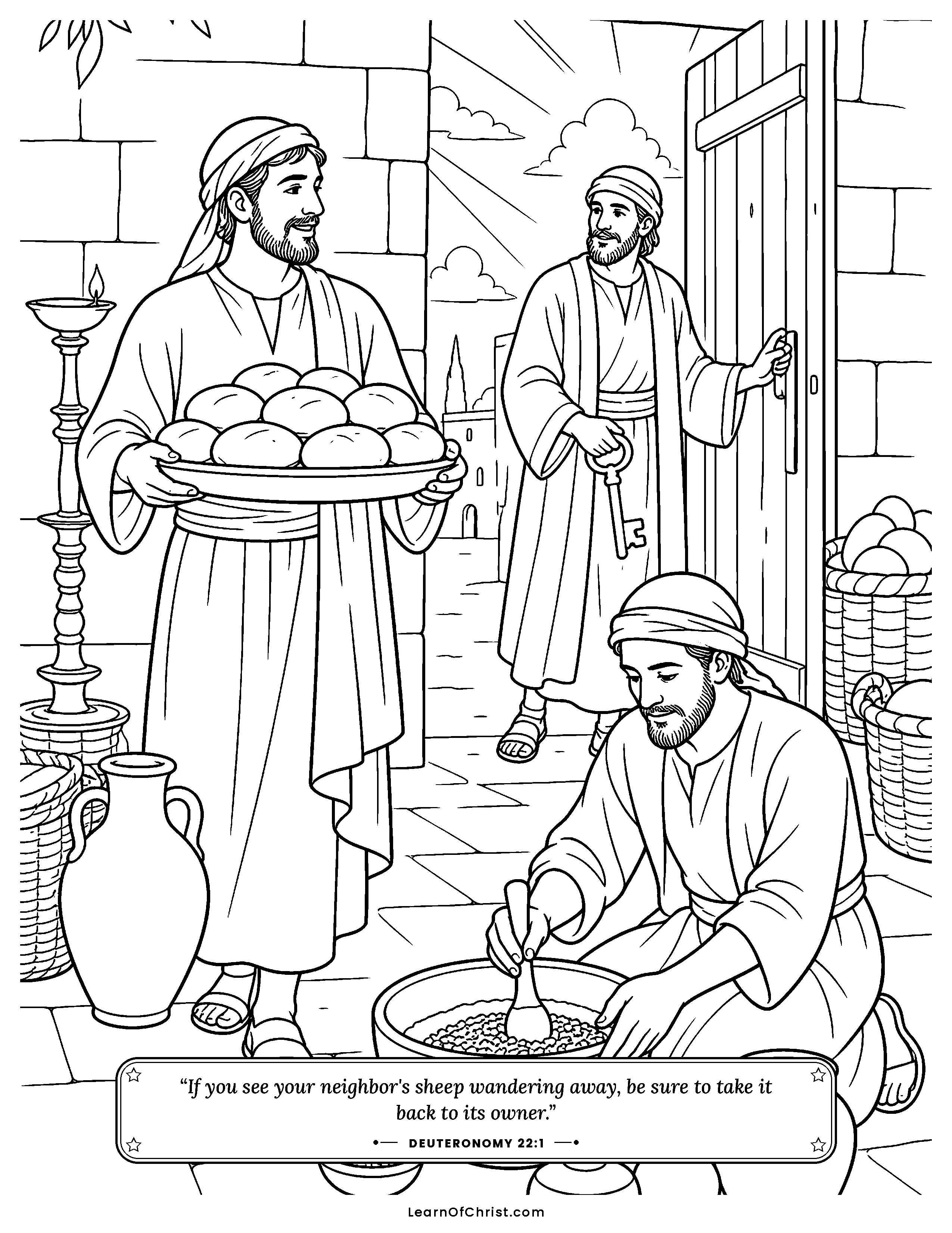 Deuteronomy 22 coloring page - Bringing a neighbor's lost sheep home. Free printable Bible coloring sheet for kids.