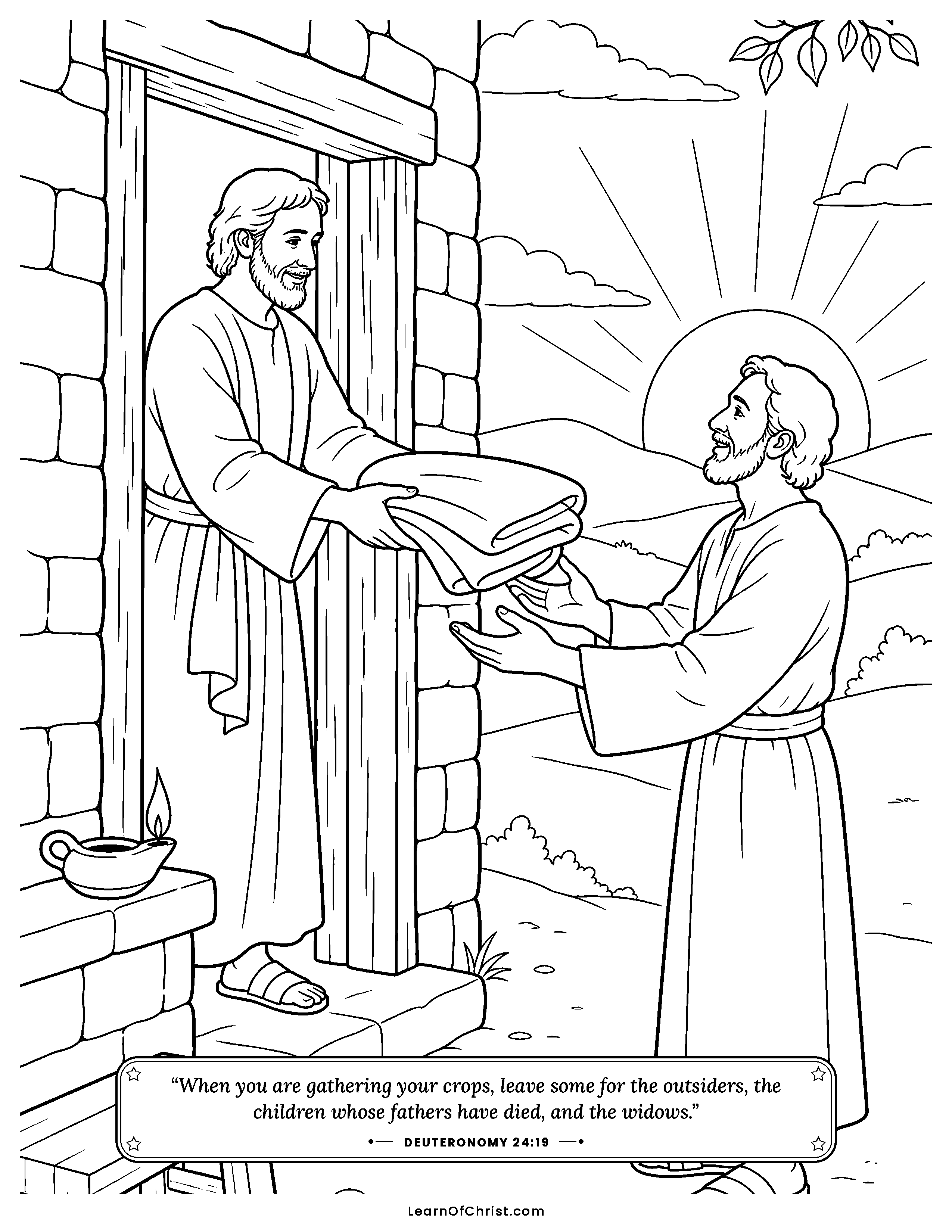 Deuteronomy 24 coloring page - The cloak given back before dark. Free printable Bible coloring sheet for kids.