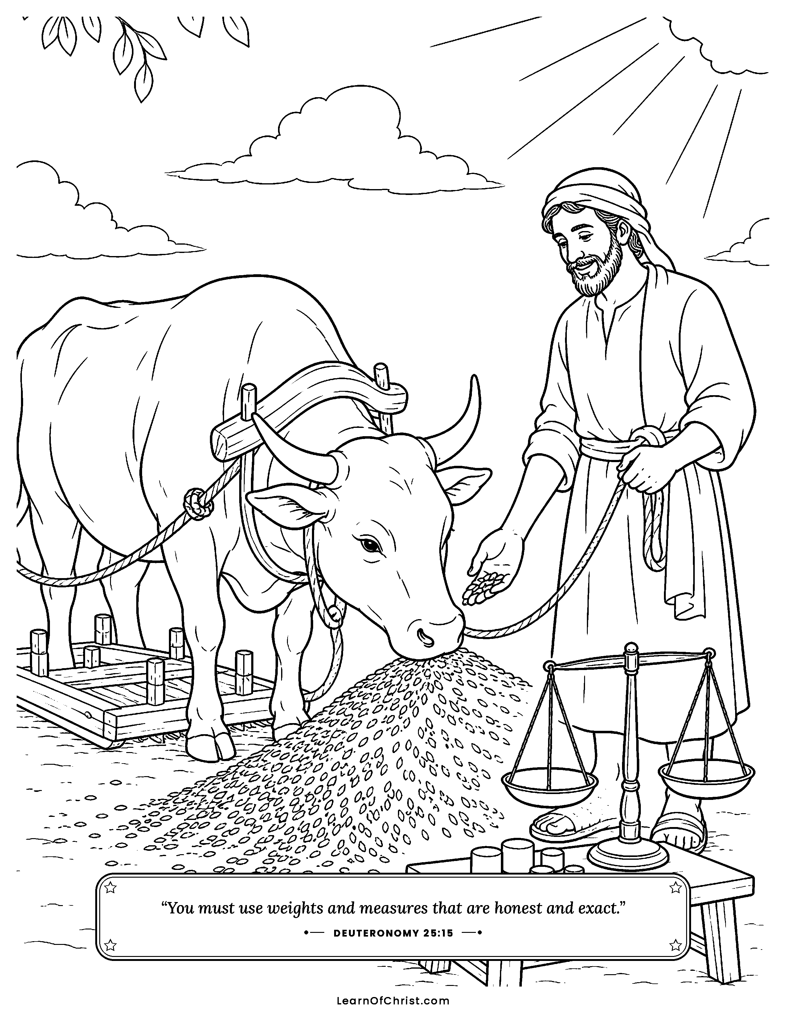 Deuteronomy 25 coloring page - The ox eats while it works. Free printable Bible coloring sheet for kids.