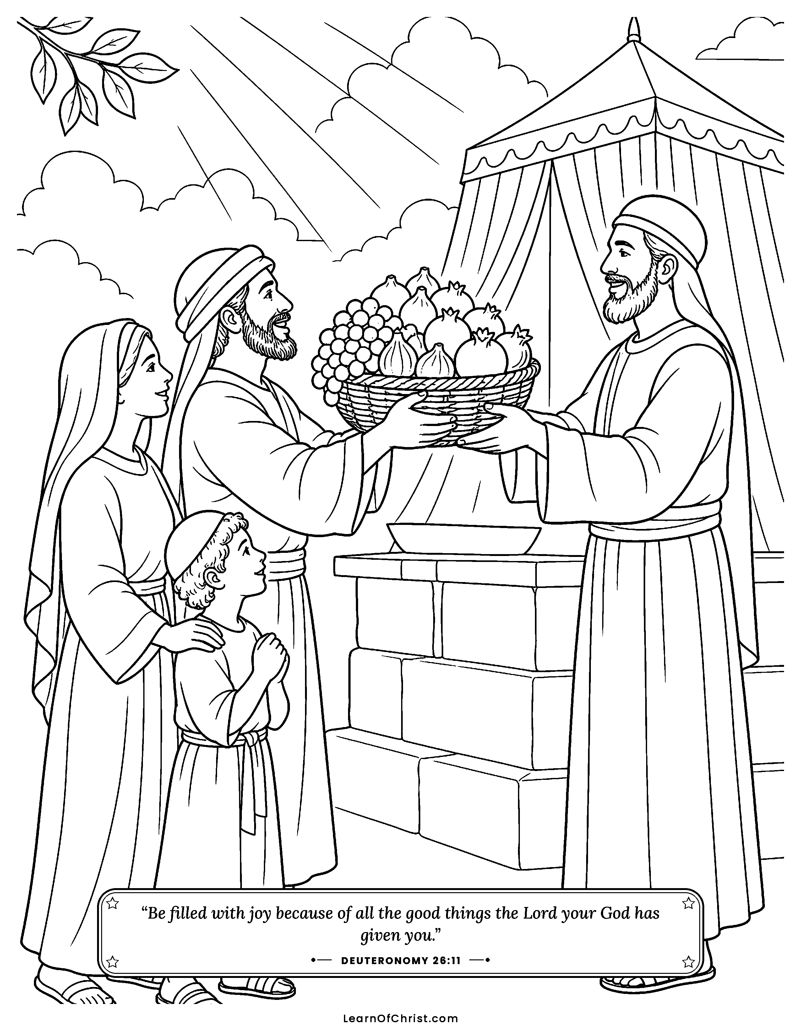 Deuteronomy 26 coloring page - Bringing a basket of first fruits. Free printable Bible coloring sheet for kids.