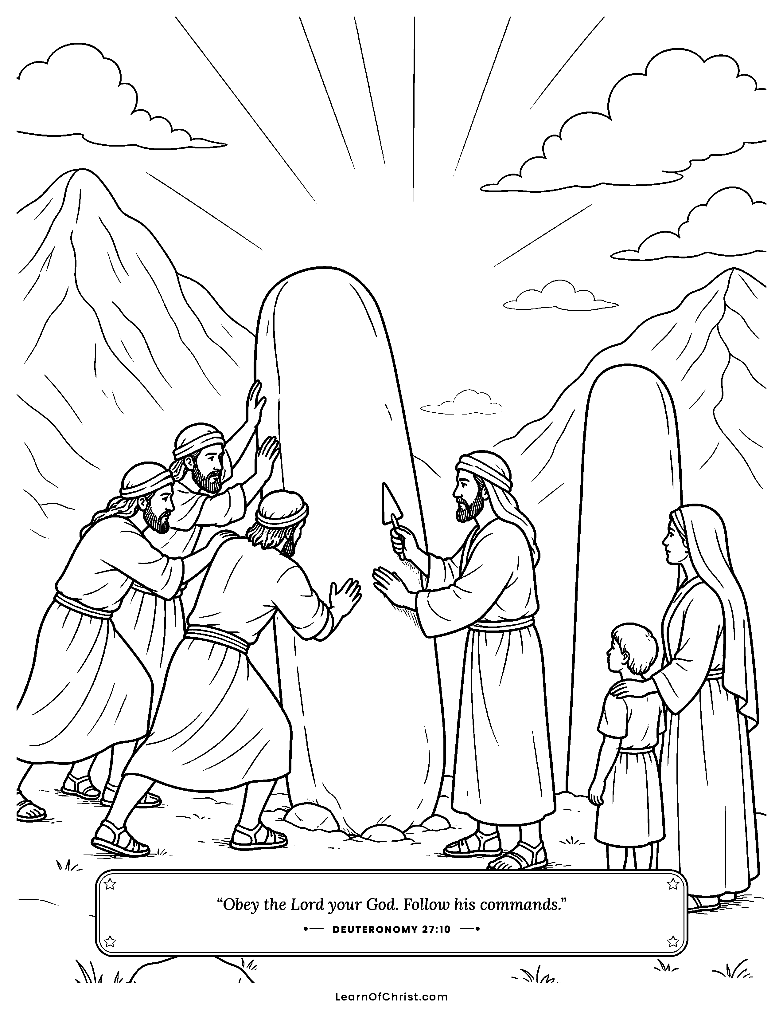 Deuteronomy 27 coloring page - Setting up smooth white stones. Free printable Bible coloring sheet for kids.