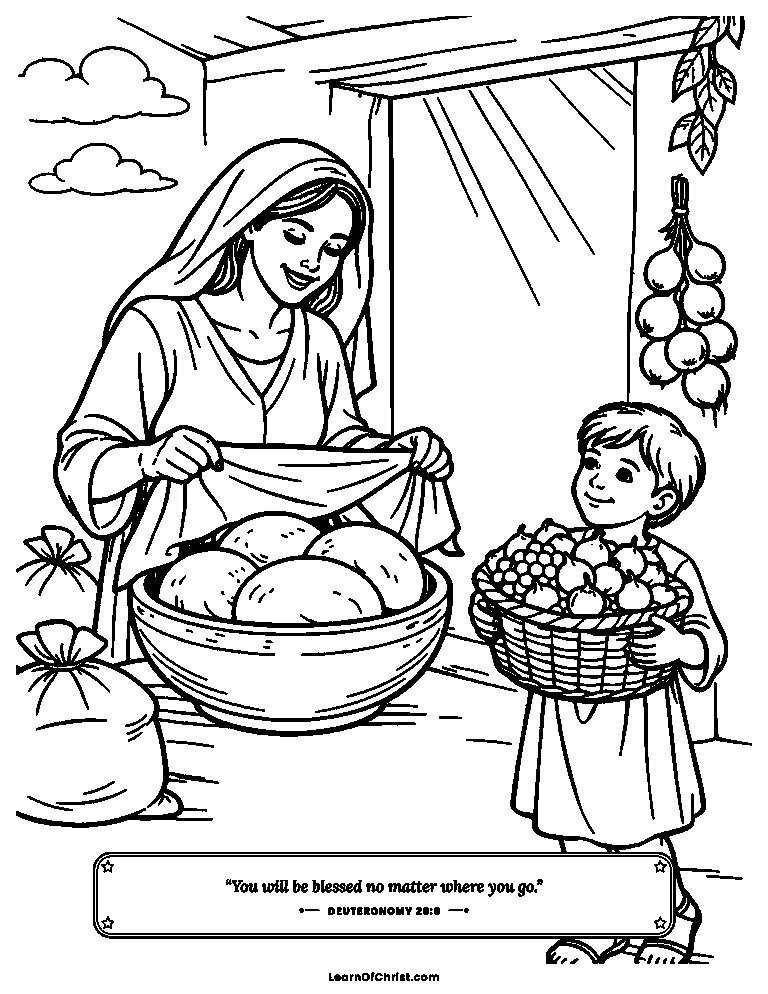 Deuteronomy 28 coloring page - Baskets and bread bowls full