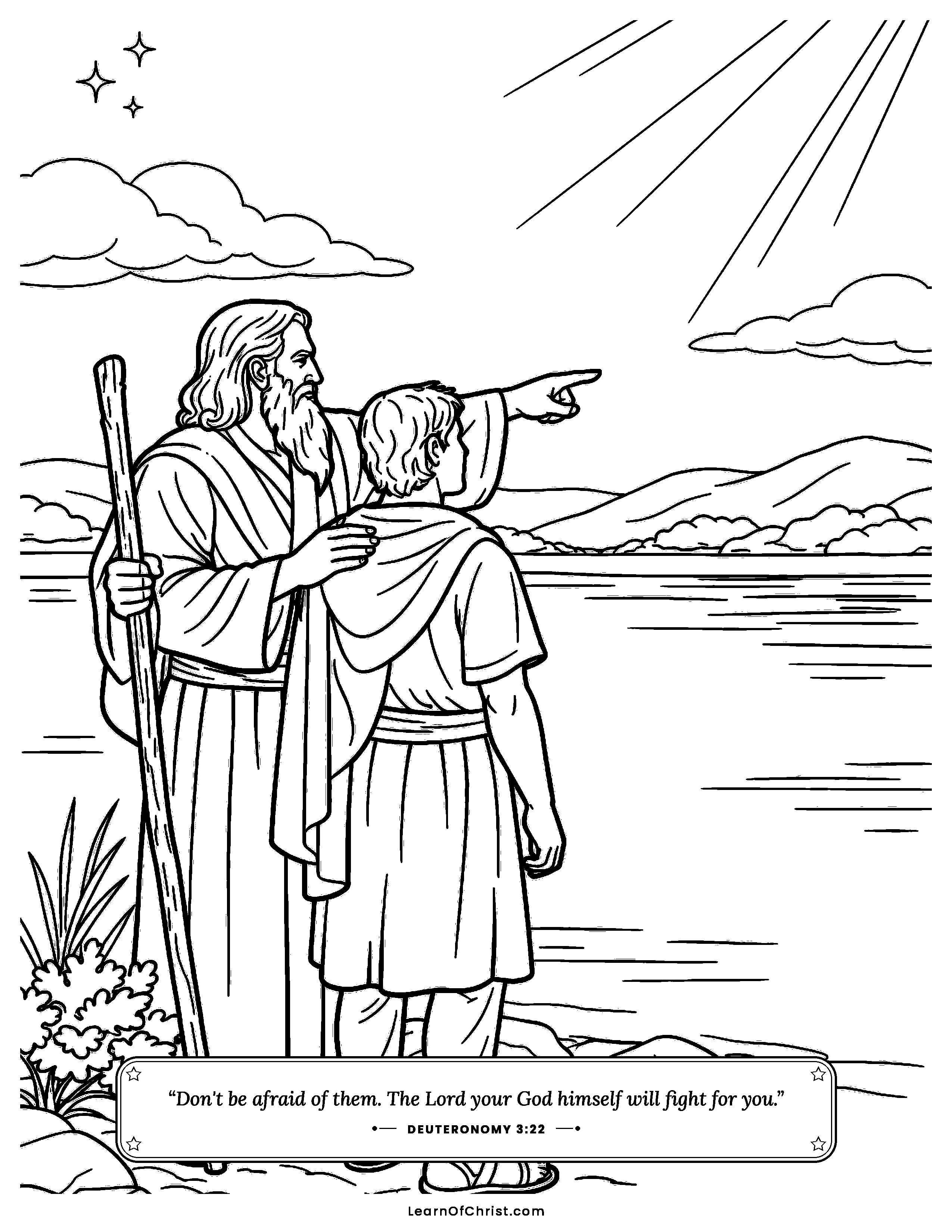 Deuteronomy 3 coloring page - Moses tells Joshua to be strong. Free printable Bible coloring sheet for kids.
