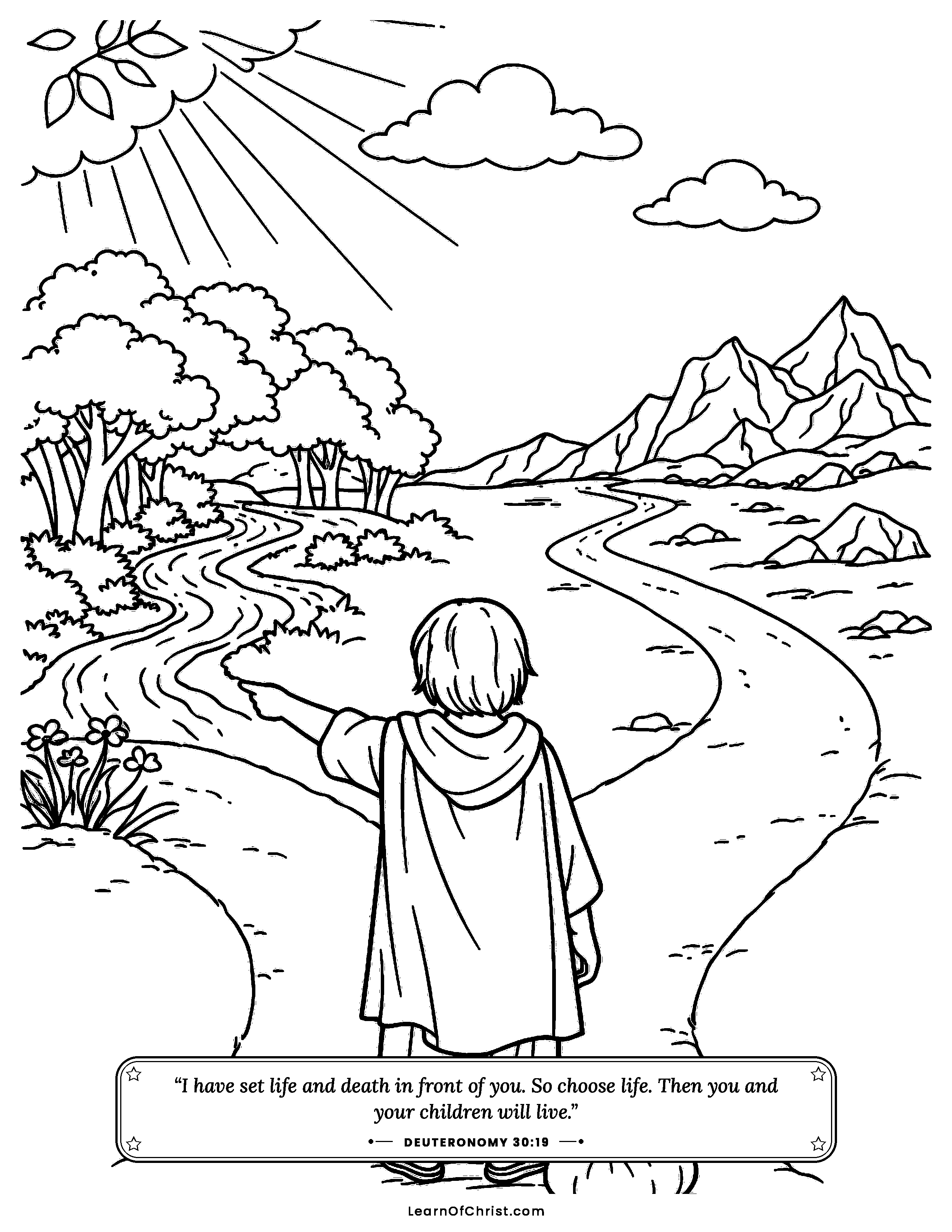 Deuteronomy 30 coloring page - A child chooses the good path. Free printable Bible coloring sheet for kids.