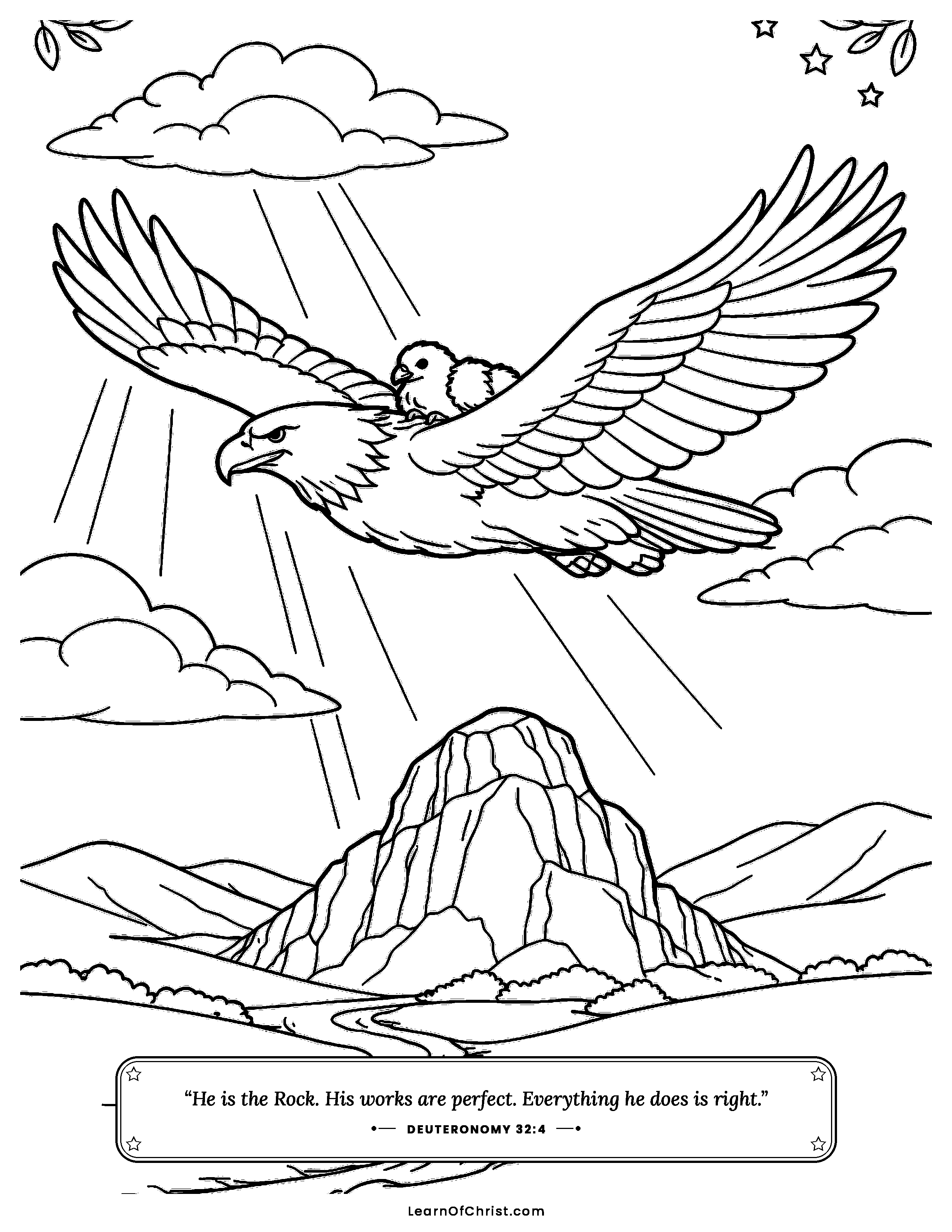 Deuteronomy 32 coloring page - An eagle carries its young on strong wings. Free printable Bible coloring sheet for kids.