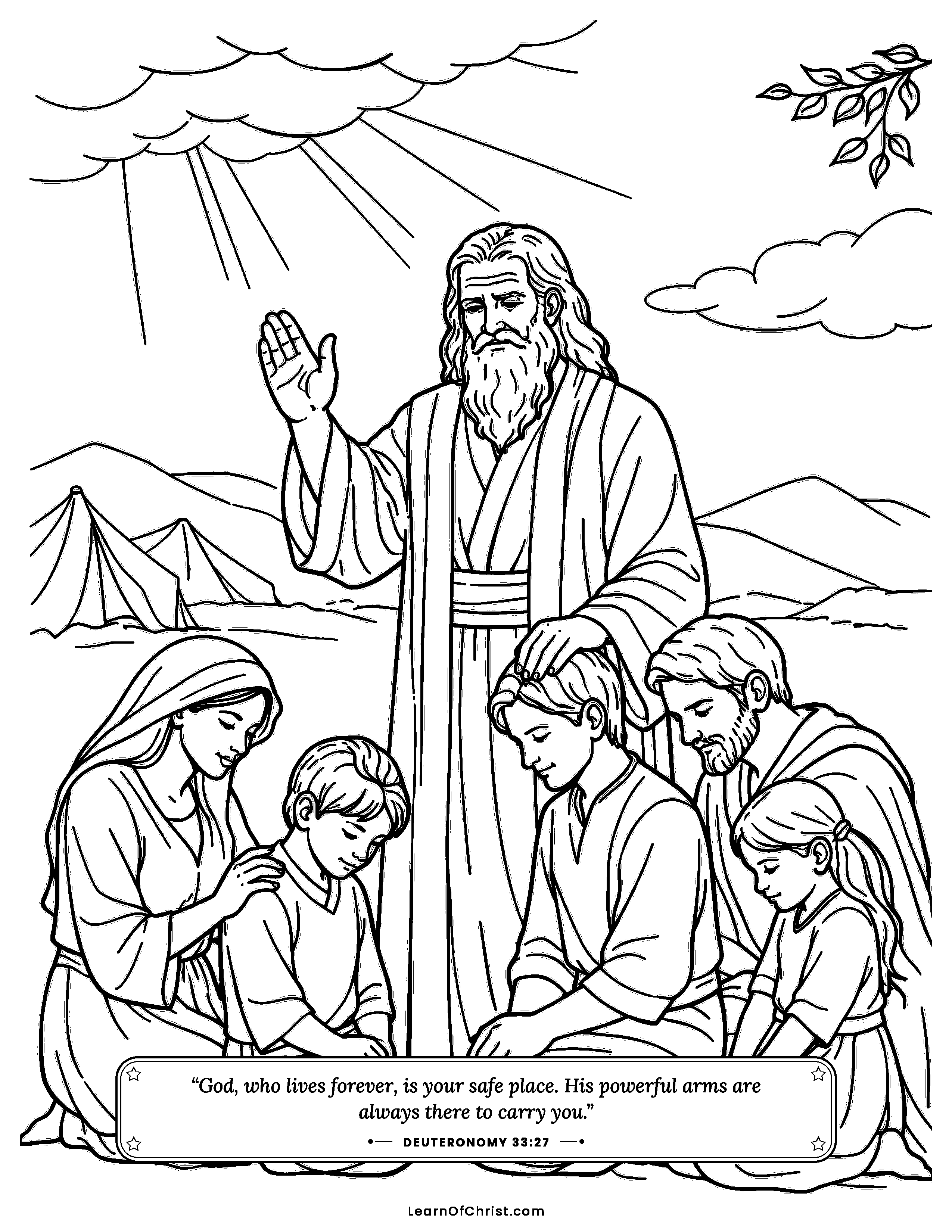 Deuteronomy 33 coloring page - Moses blesses the families one by one. Free printable Bible coloring sheet for kids.