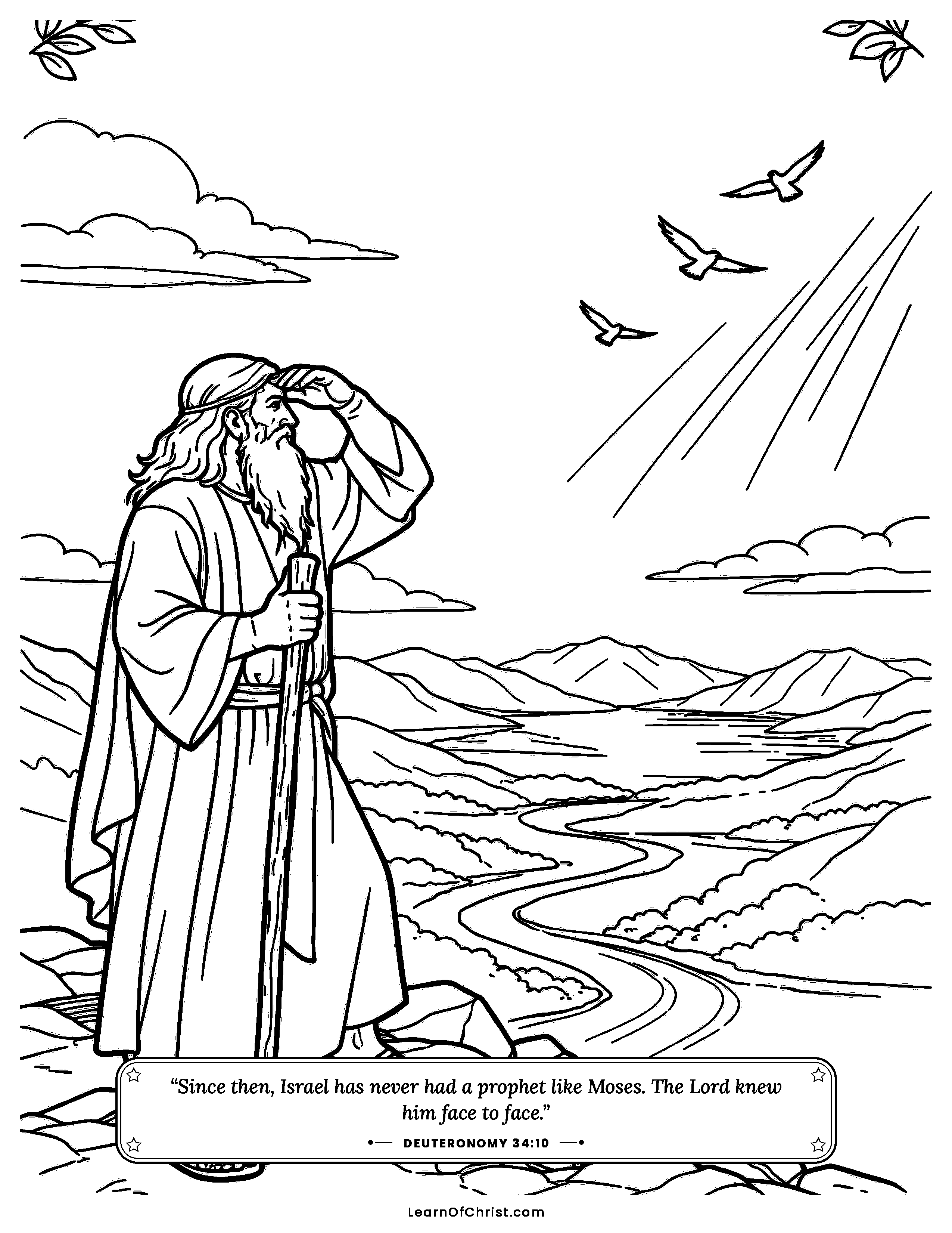 Deuteronomy 34 coloring page - Moses sees the land from the mountain. Free printable Bible coloring sheet for kids.