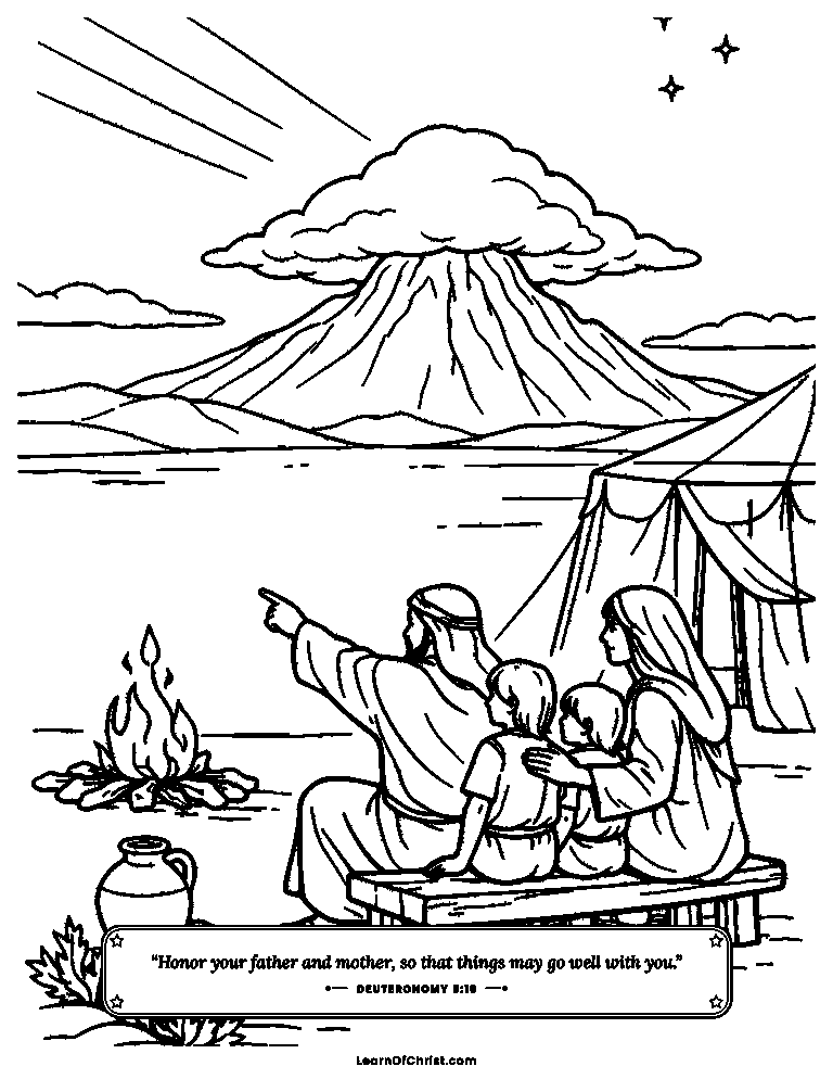 Deuteronomy 5 coloring page - Parents tell the children about the mountain