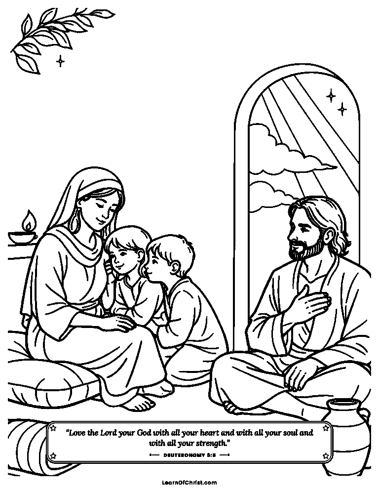 Deuteronomy 6 coloring page - A family talks about God at bedtime