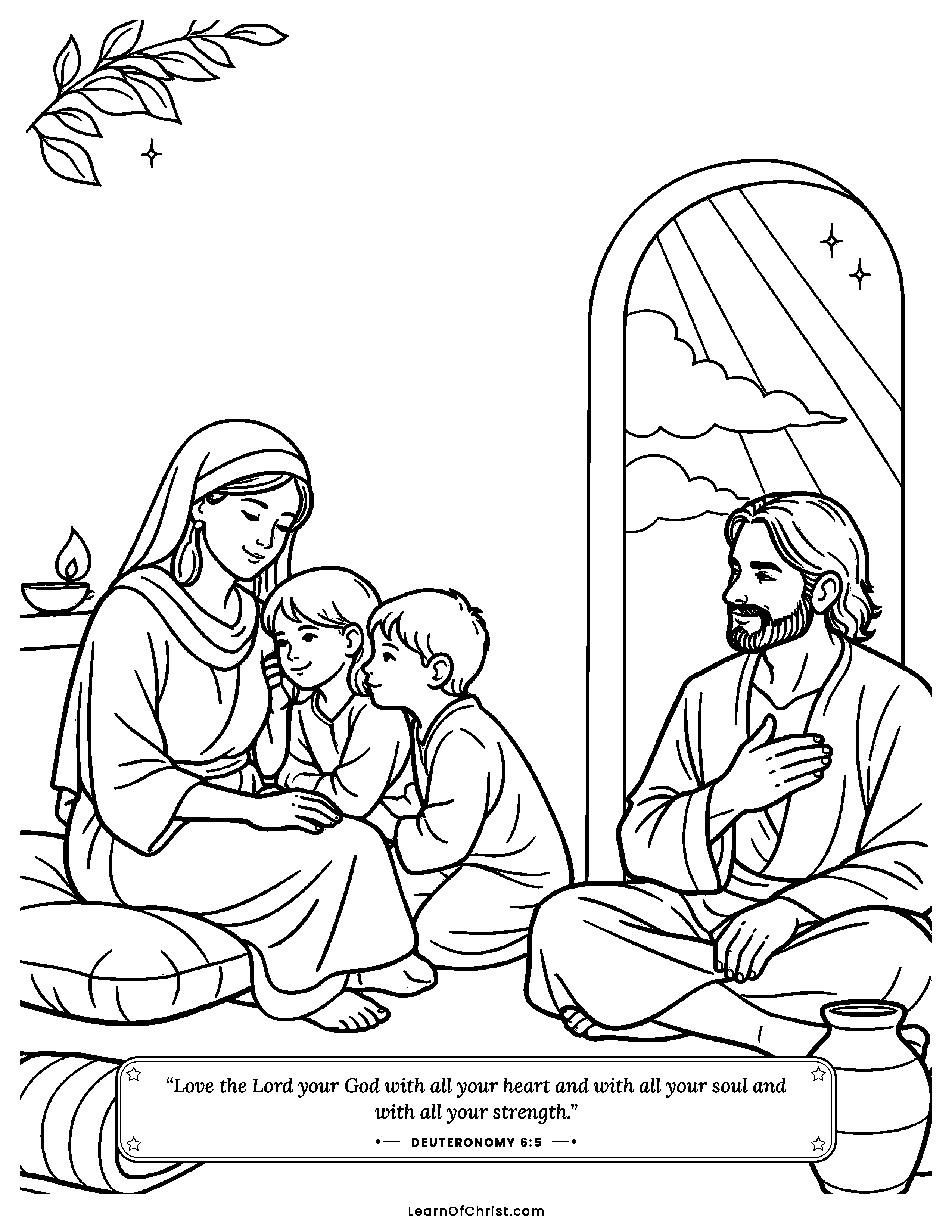 Deuteronomy 6 coloring page - A family talks about God at bedtime. Free printable Bible coloring sheet for kids.