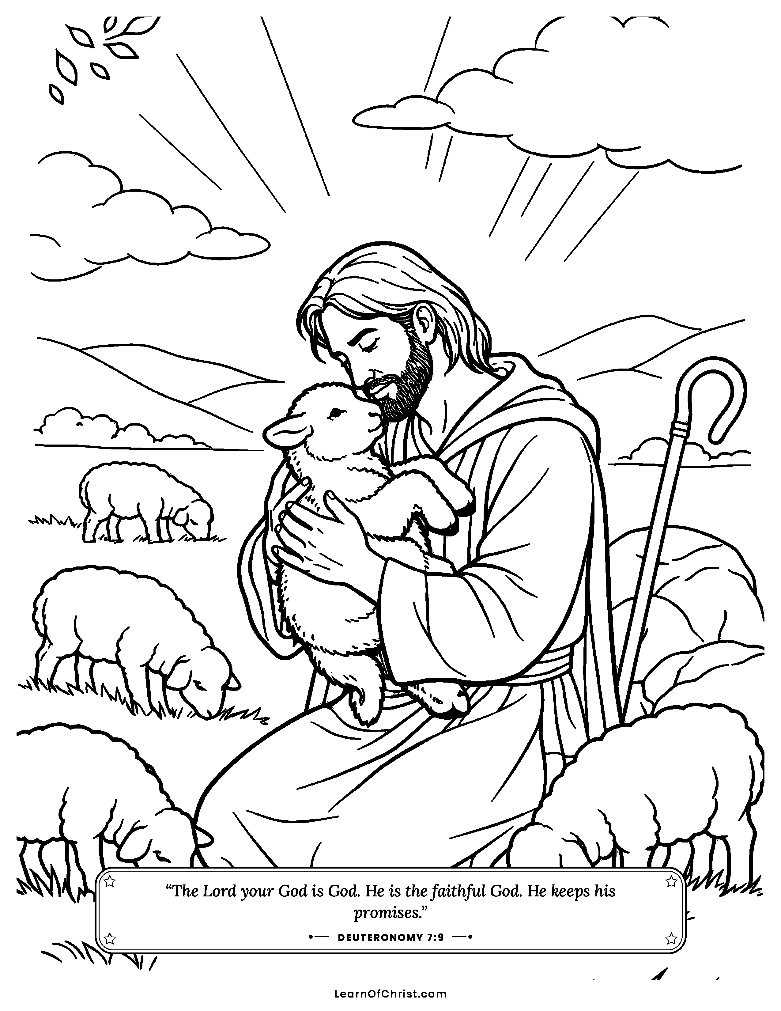 Deuteronomy 7 coloring page - The shepherd chooses the smallest lamb. Free printable Bible coloring sheet for kids.