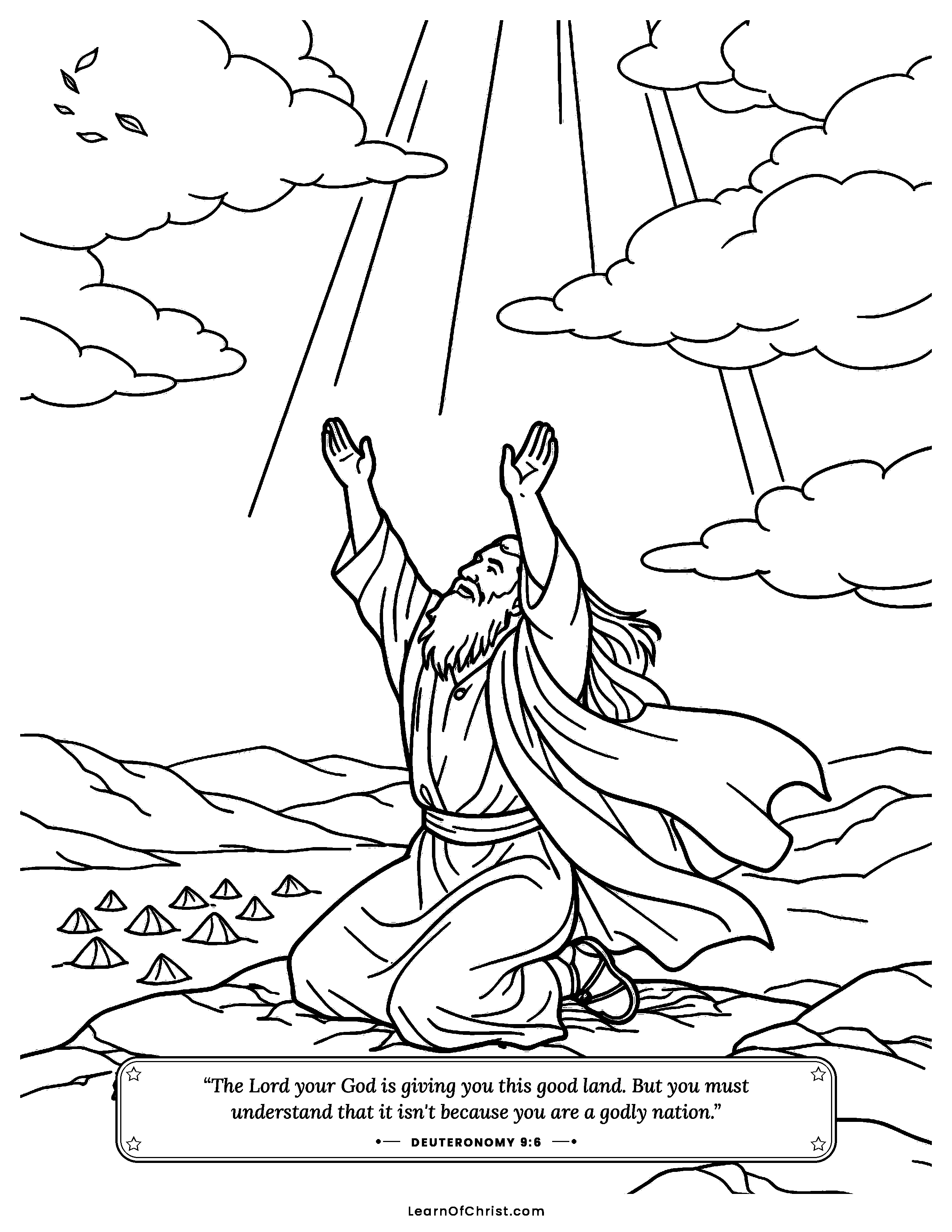 Deuteronomy 9 coloring page - Moses prays alone on the mountain. Free printable Bible coloring sheet for kids.