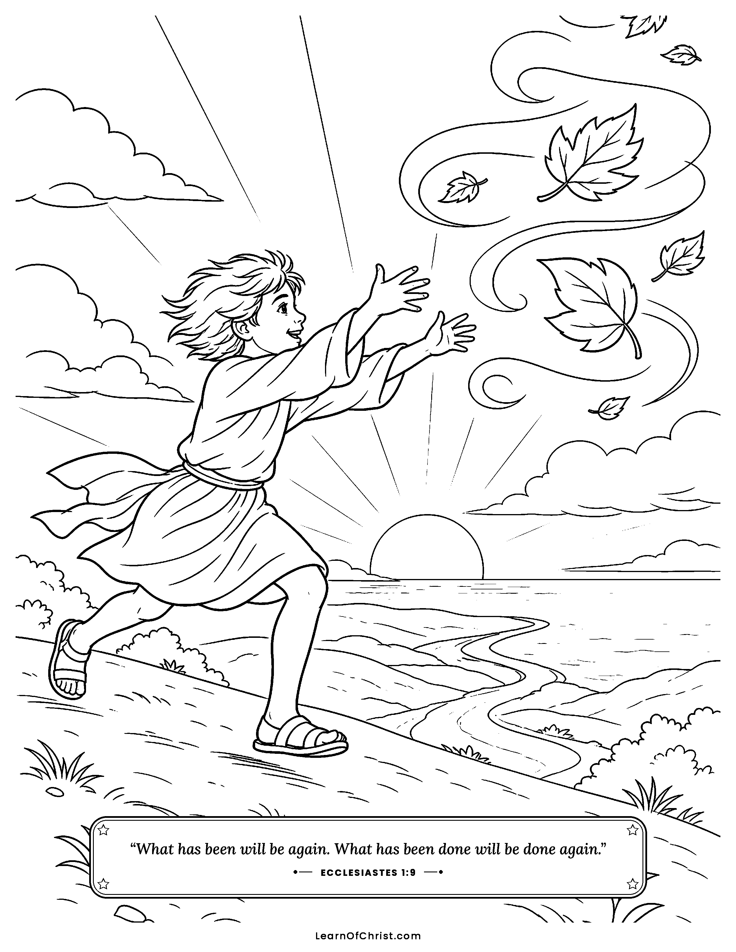 Ecclesiastes 1 coloring page - Chasing the wind with open hands. Free printable Bible coloring sheet for kids.