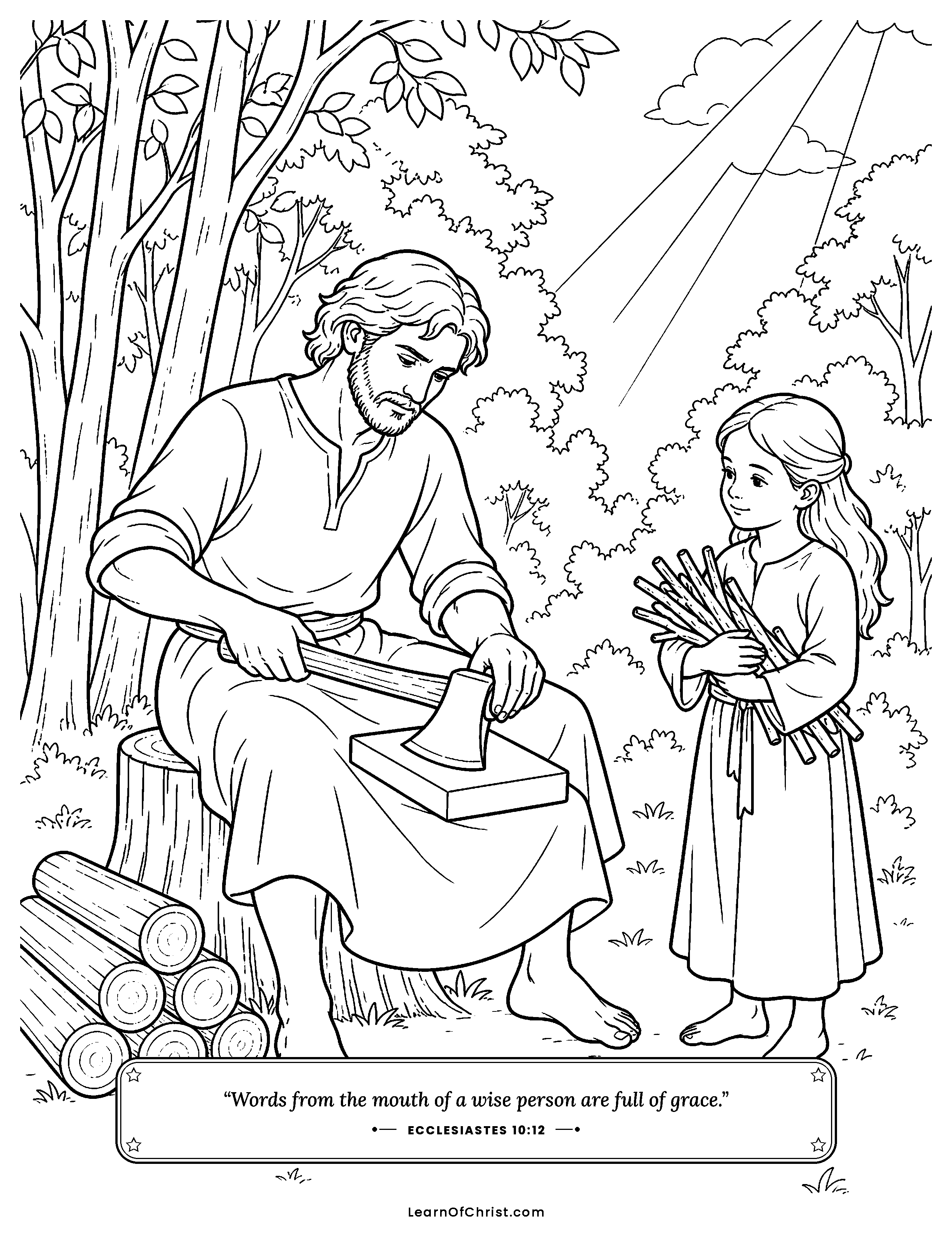 Ecclesiastes 10 coloring page - Sharpening the axe before the work. Free printable Bible coloring sheet for kids.
