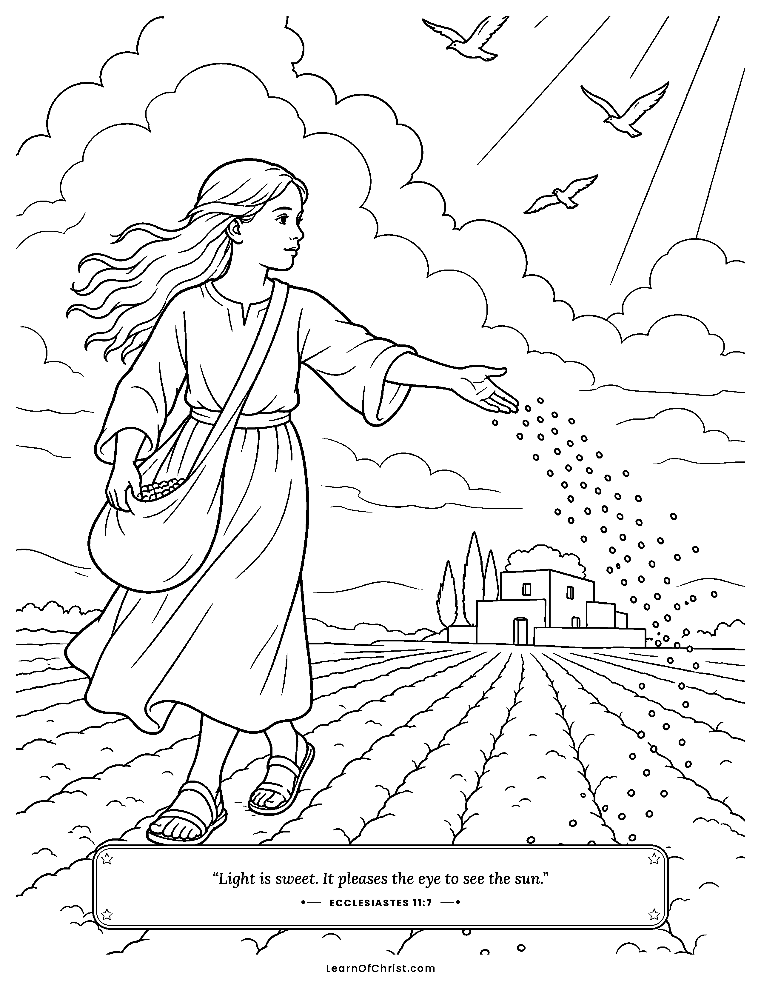 Ecclesiastes 11 coloring page - Scattering seed instead of watching the wind. Free printable Bible coloring sheet for kids.