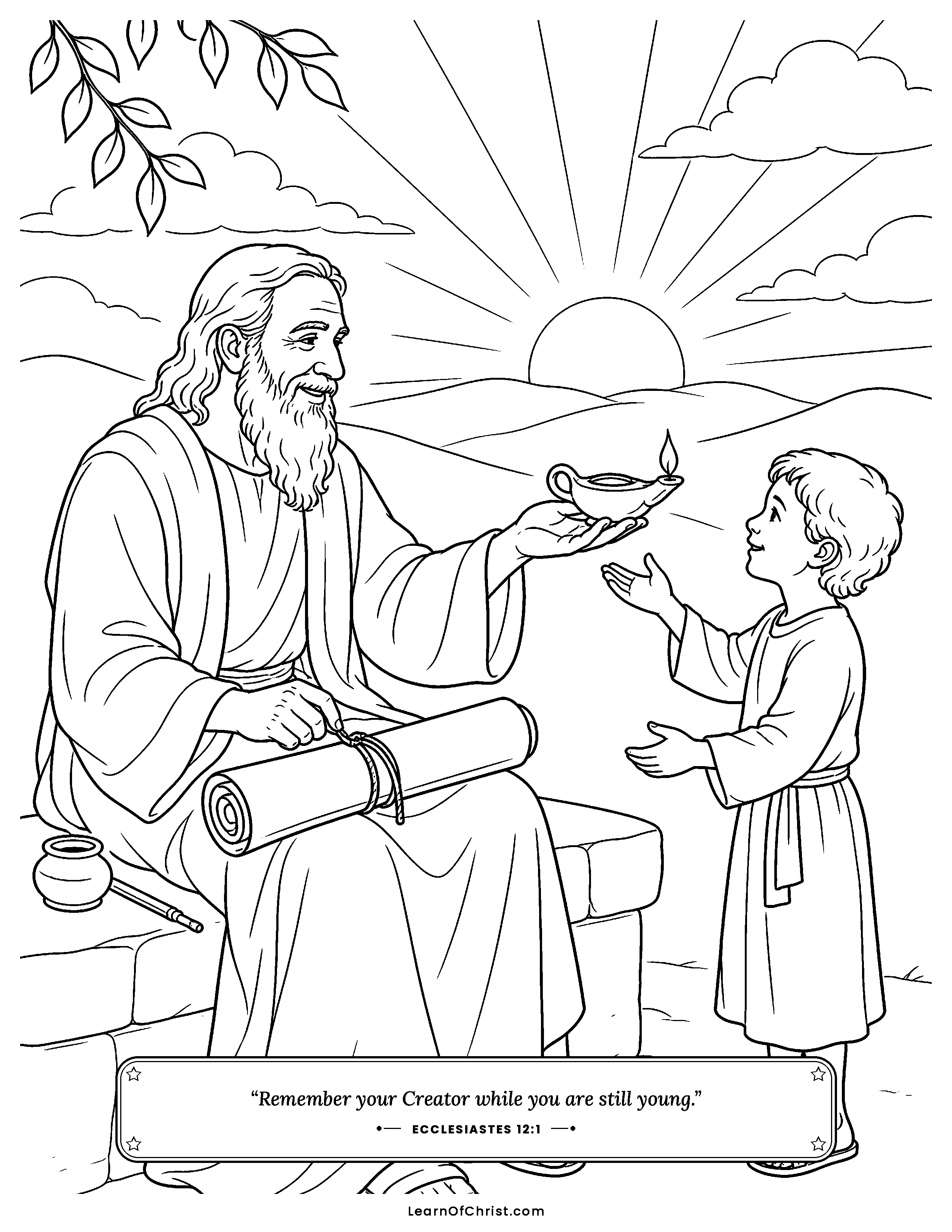 Ecclesiastes 12 coloring page - Remembering your Maker while you are young. Free printable Bible coloring sheet for kids.