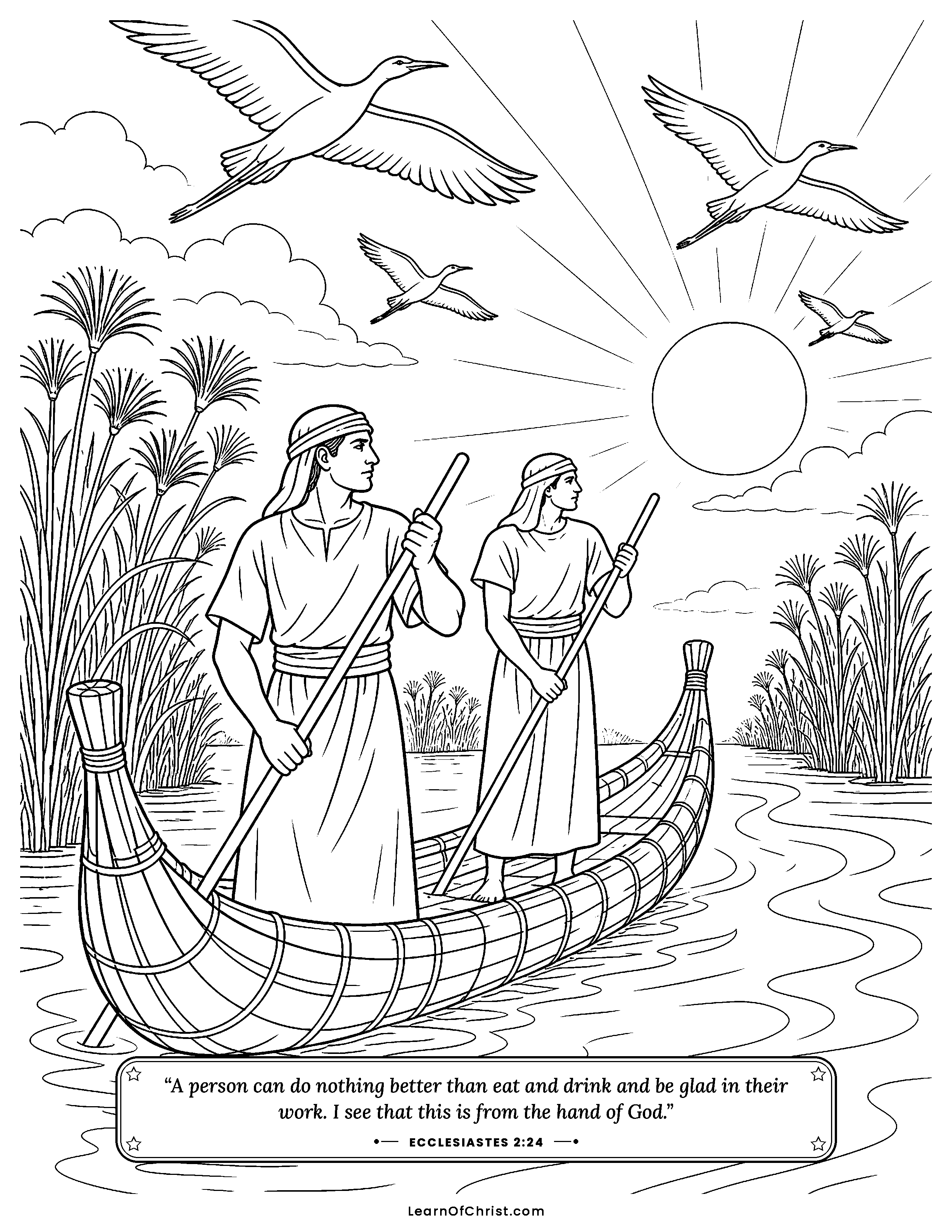 Ecclesiastes 2 coloring page - Enjoying a simple meal in the garden. Free printable Bible coloring sheet for kids.