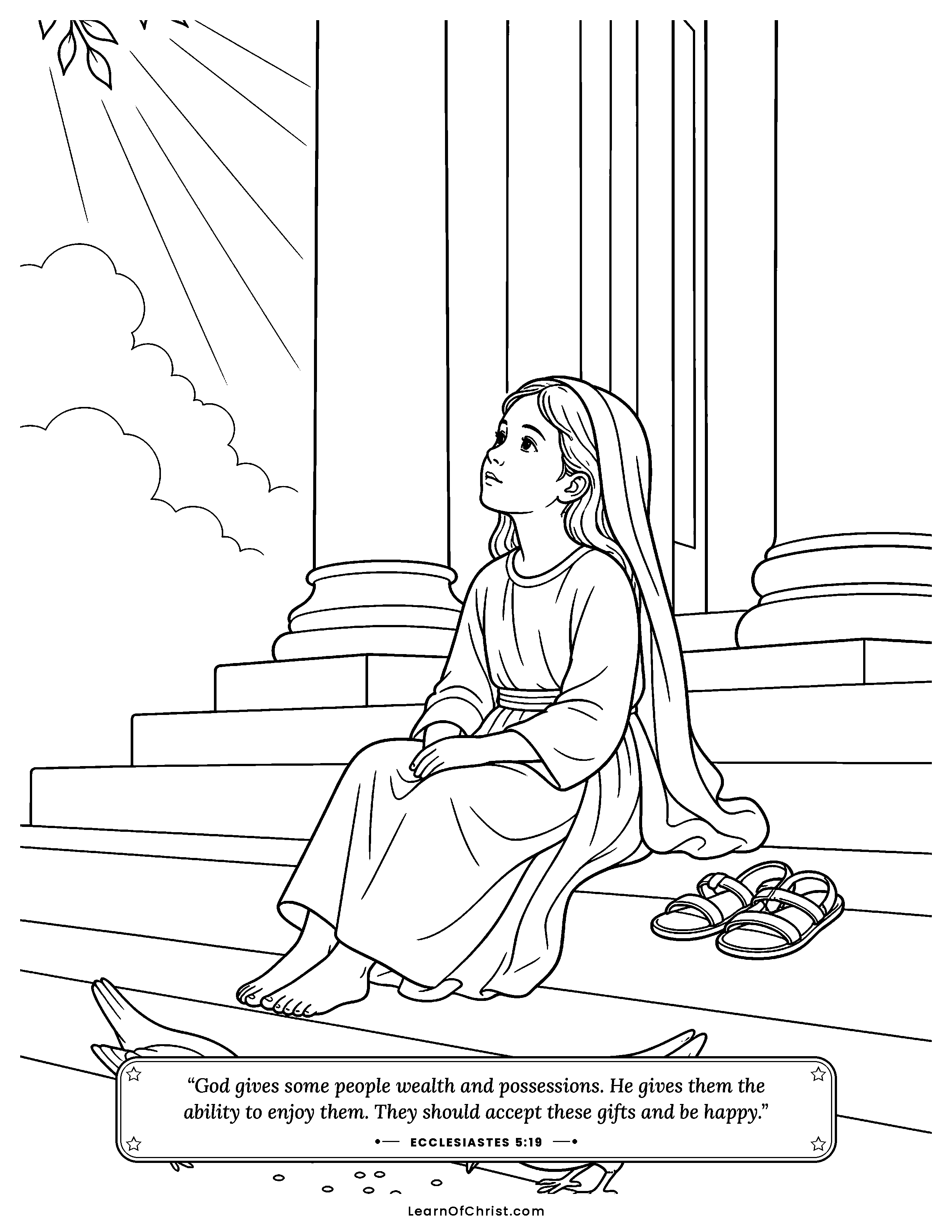 Ecclesiastes 5 coloring page - Listening quietly on the temple steps. Free printable Bible coloring sheet for kids.