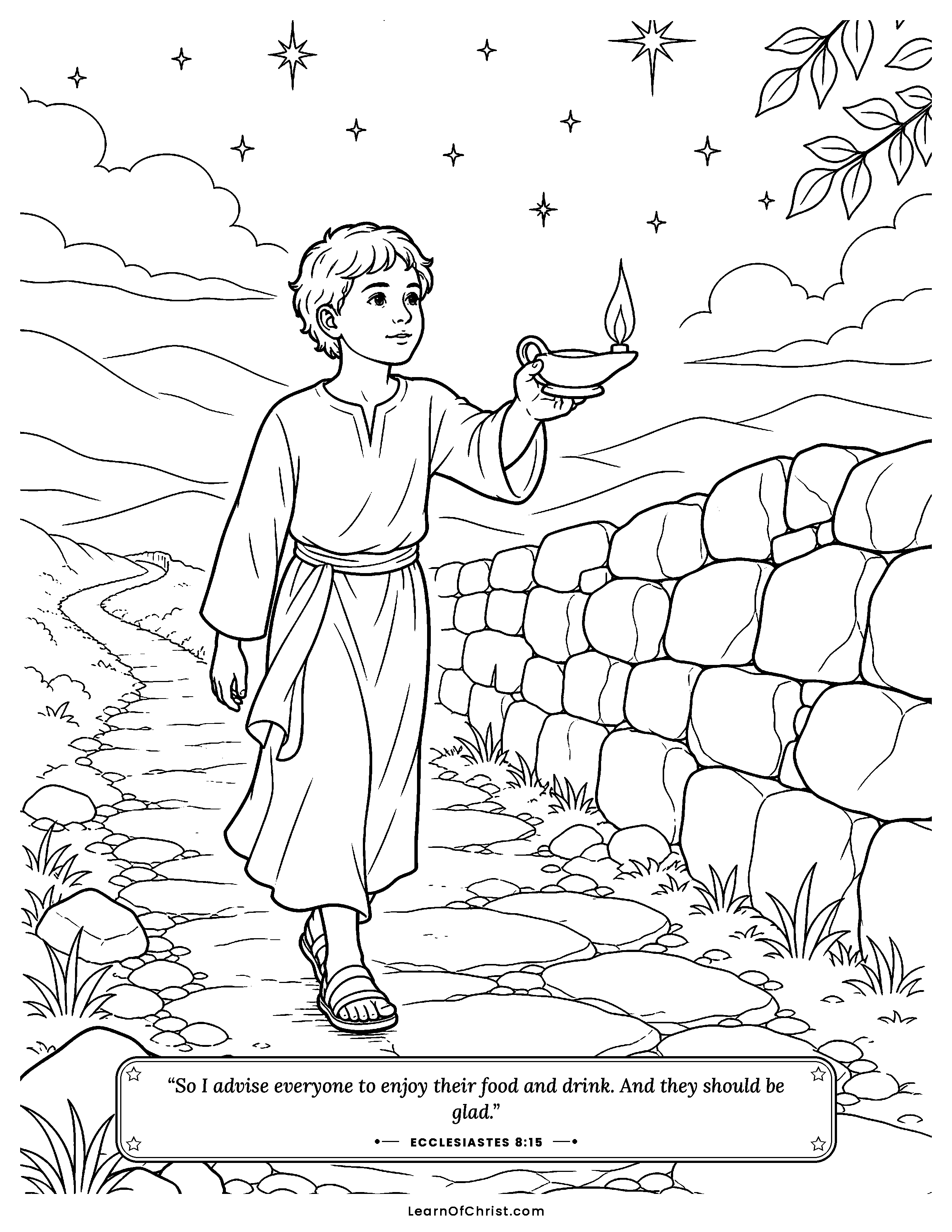 Ecclesiastes 8 coloring page - Lighting just the next step of the path. Free printable Bible coloring sheet for kids.