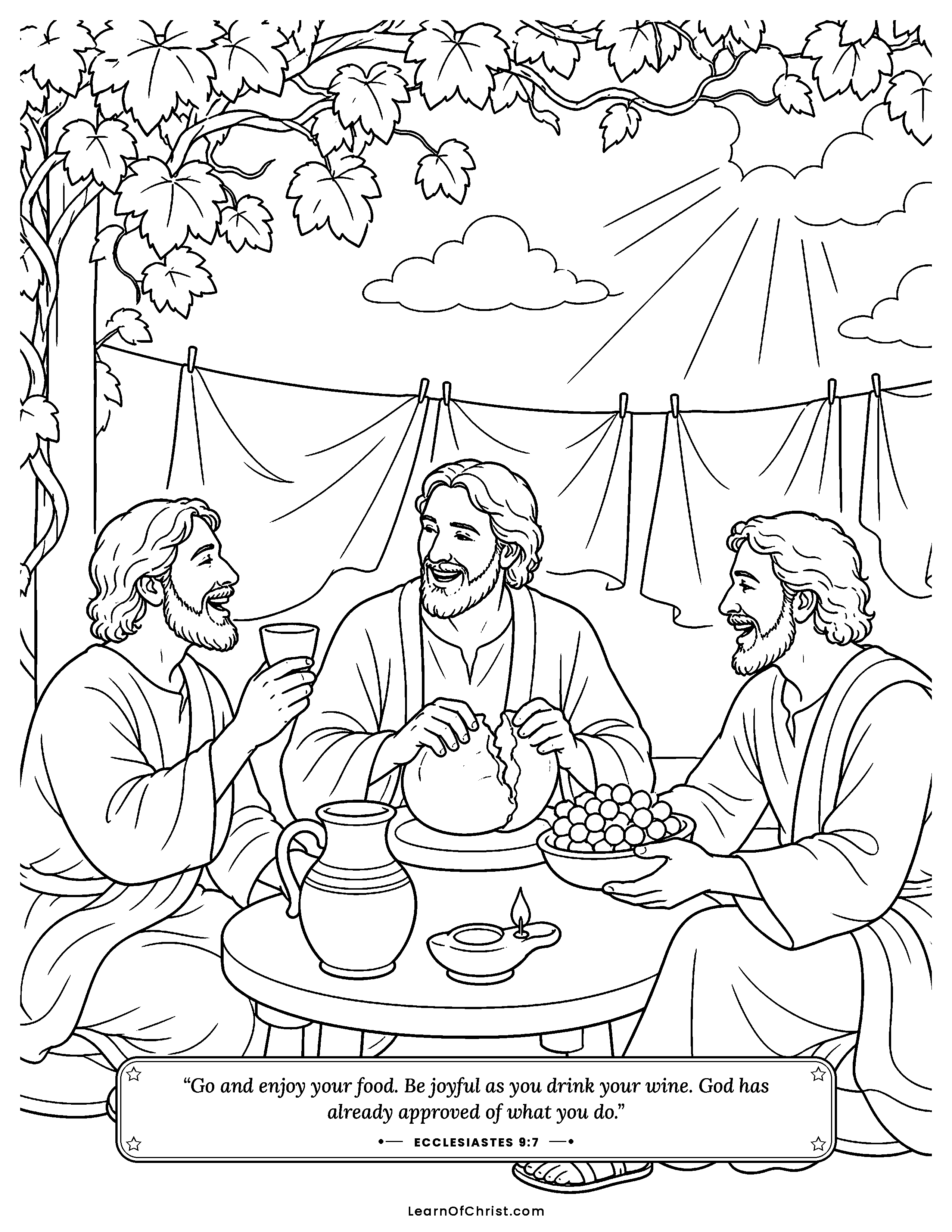 Ecclesiastes 9 coloring page - A happy meal shared with friends. Free printable Bible coloring sheet for kids.