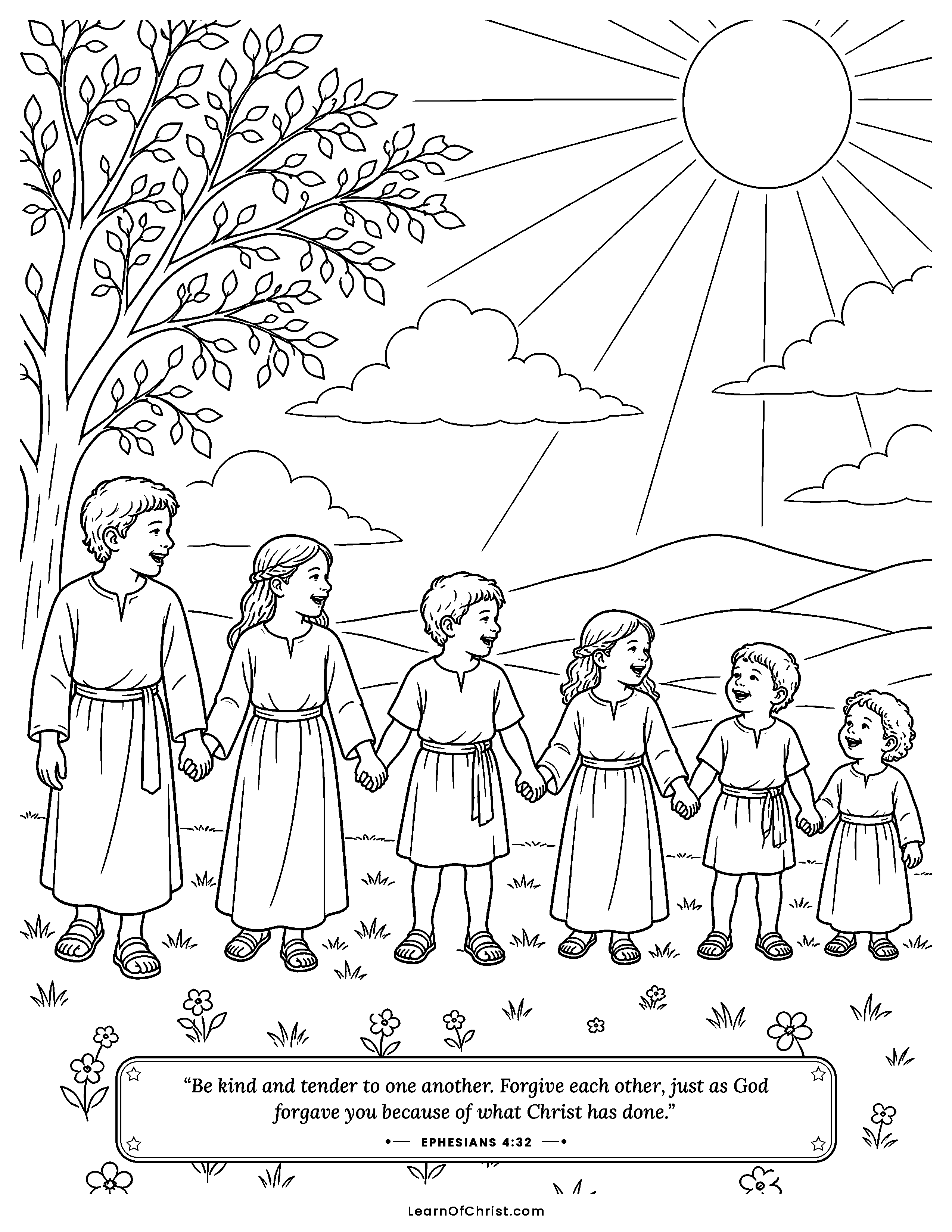 Ephesians 4 coloring page - One long chain of hands. Free printable Bible coloring sheet for kids.