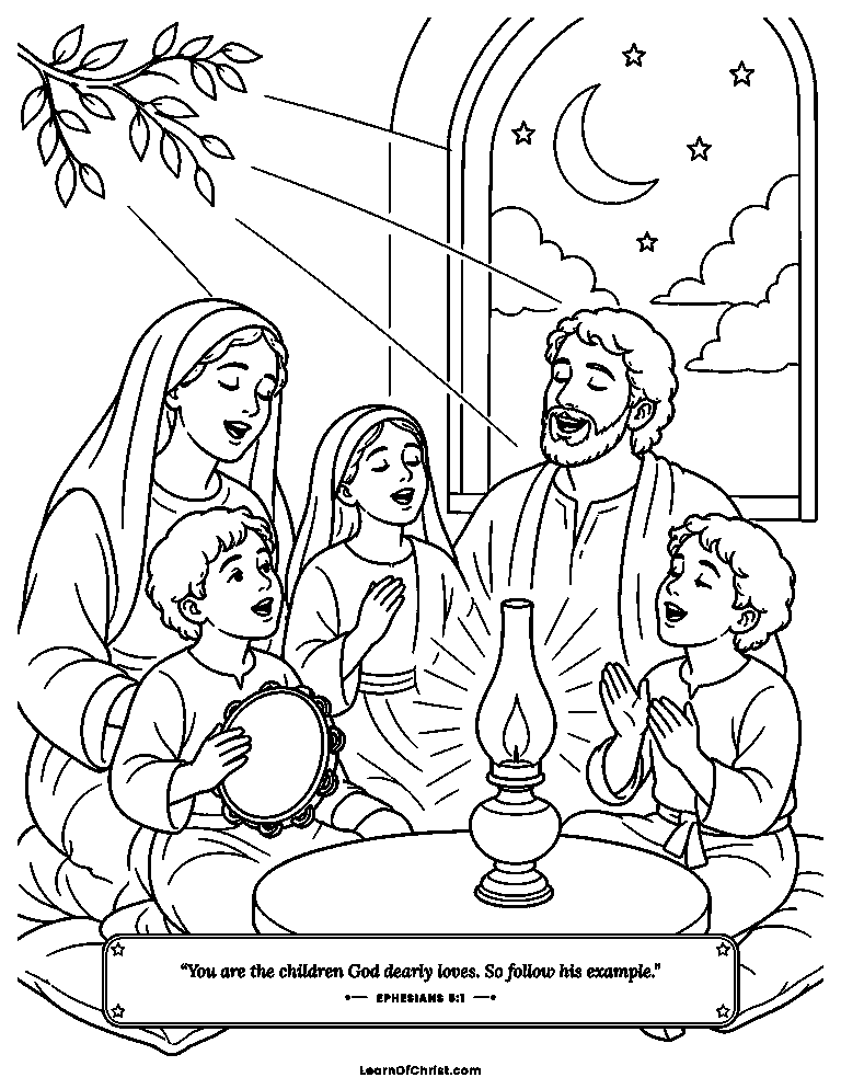 A family singing in the lamplight