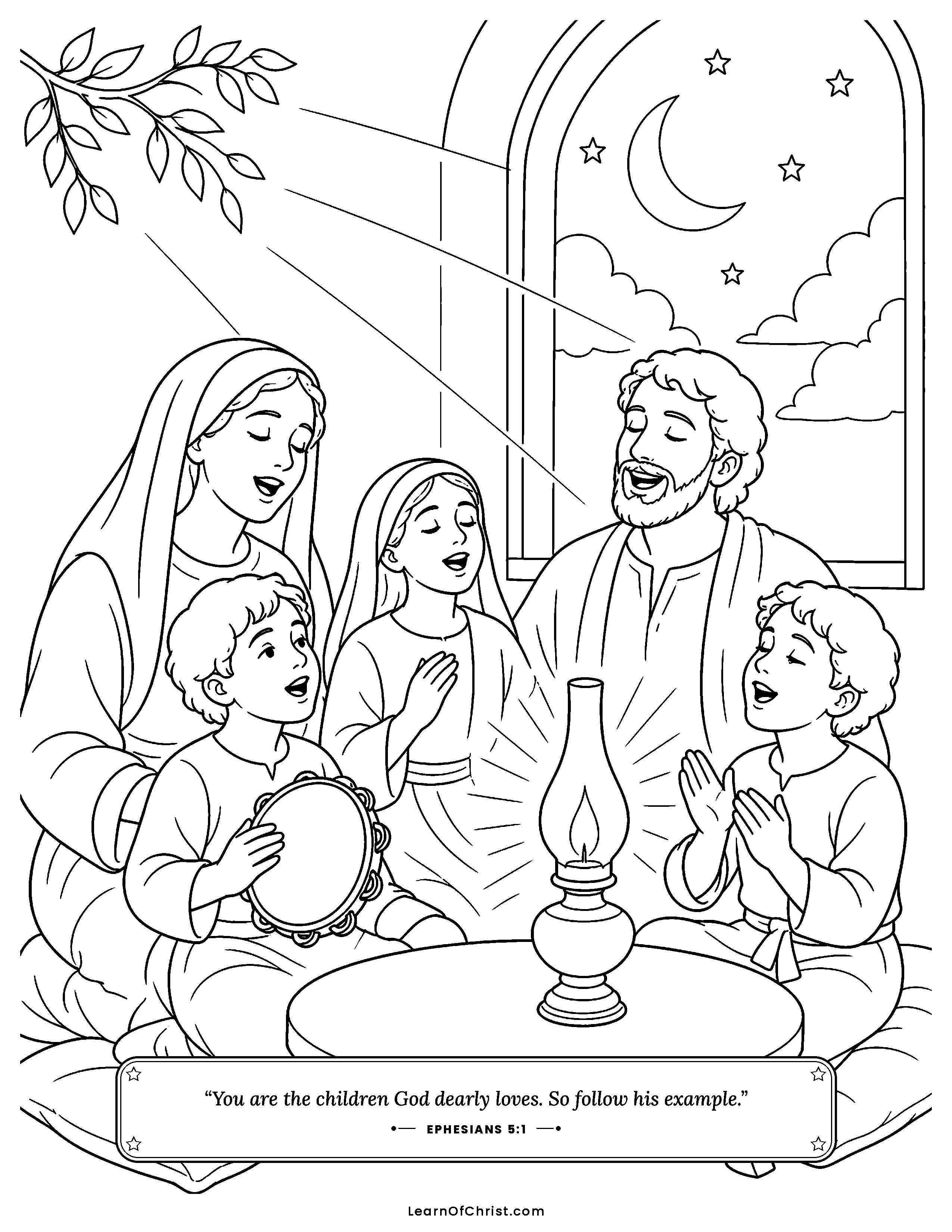Ephesians 5 coloring page - A family singing in the lamplight. Free printable Bible coloring sheet for kids.