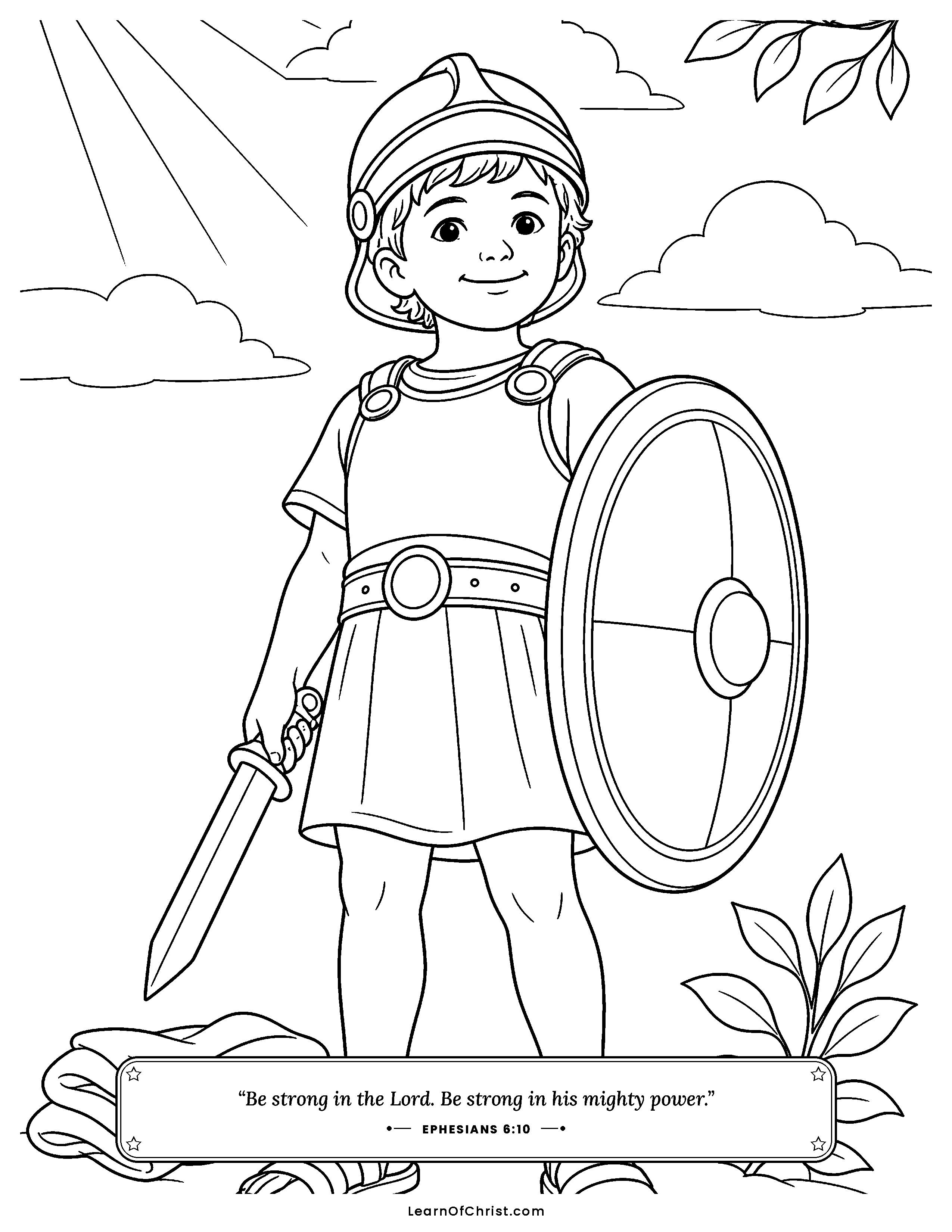 Ephesians 6 coloring page - A child wearing the whole armor. Free printable Bible coloring sheet for kids.