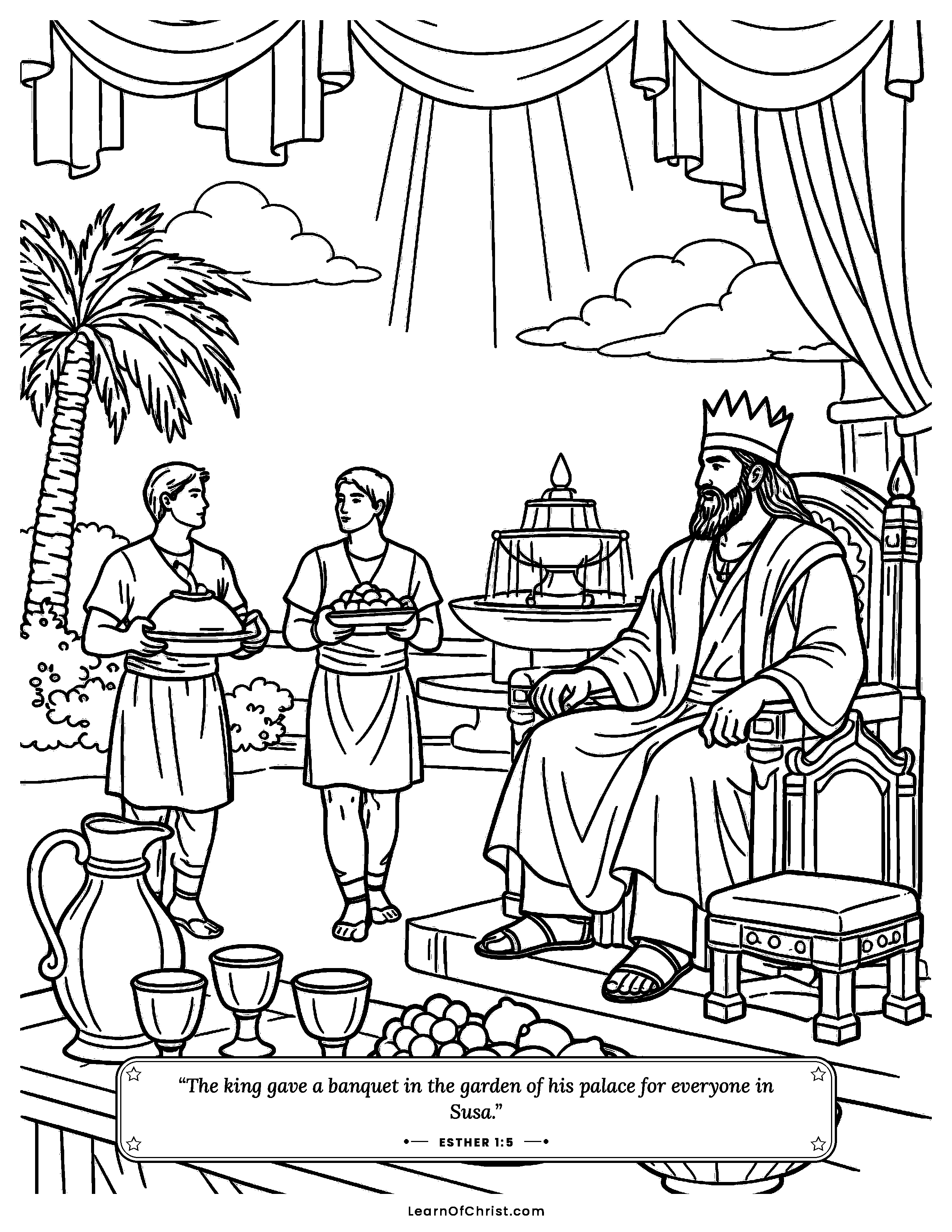 Esther 1 coloring page - A great feast and an empty throne. Free printable Bible coloring sheet for kids.