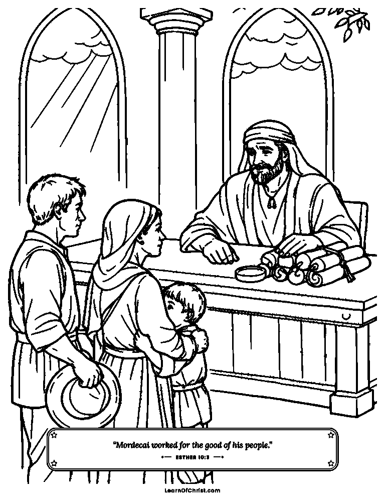 Esther 10 coloring page - Mordecai helps the people who come to him