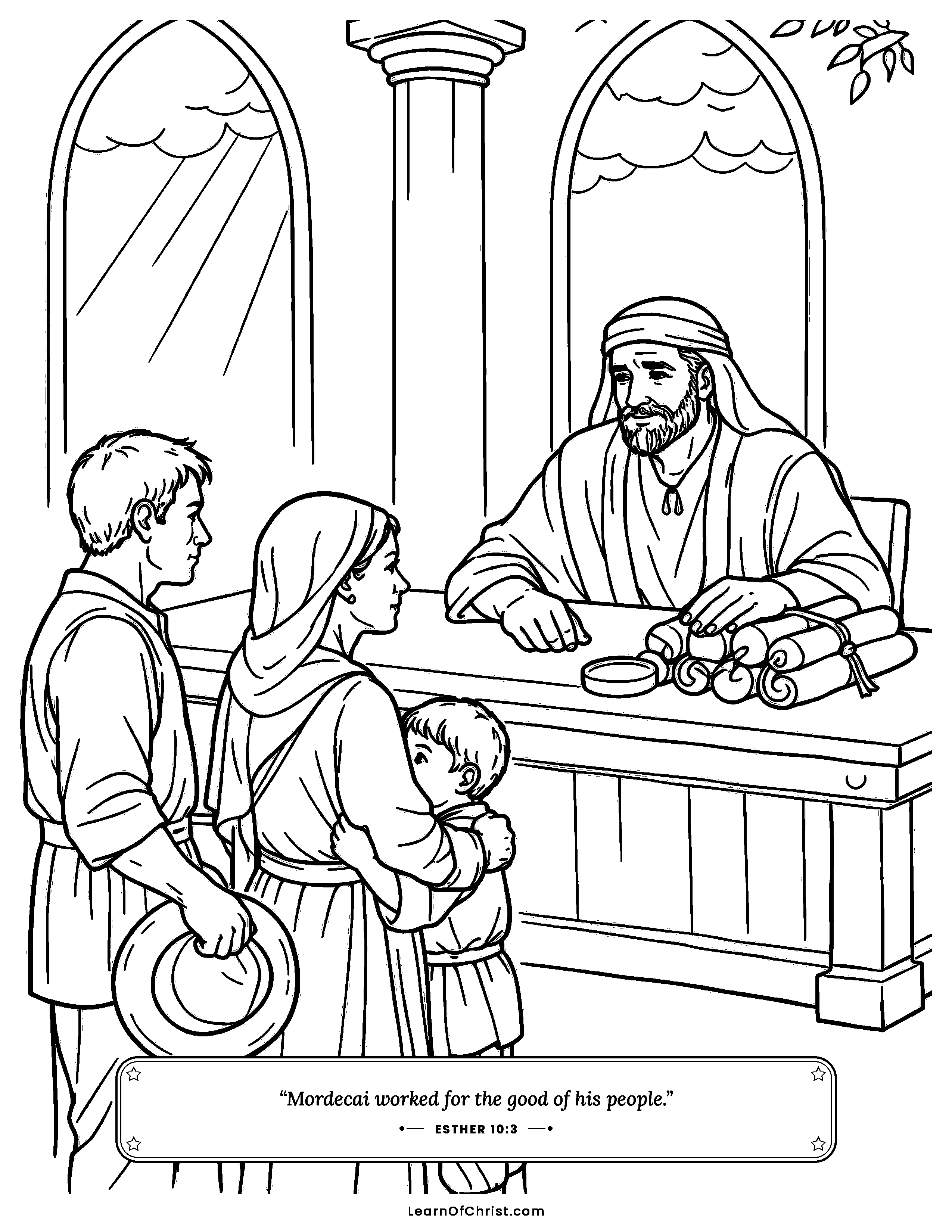 Esther 10 coloring page - Mordecai helps the people who come to him. Free printable Bible coloring sheet for kids.