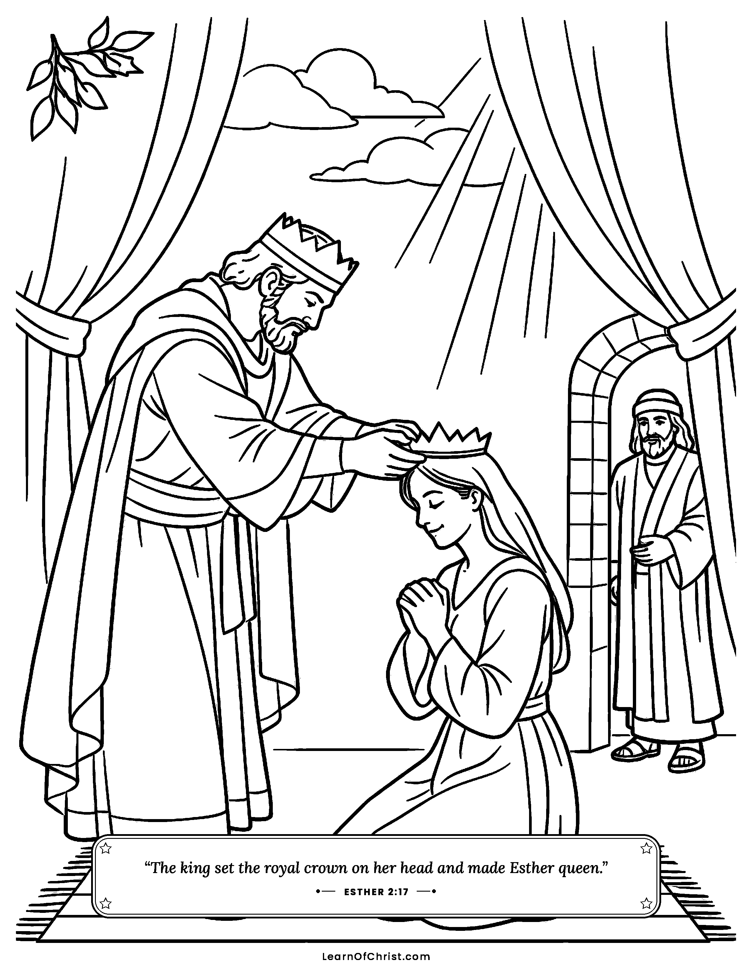 Esther 2 coloring page - The crown is placed on Esther's head. Free printable Bible coloring sheet for kids.