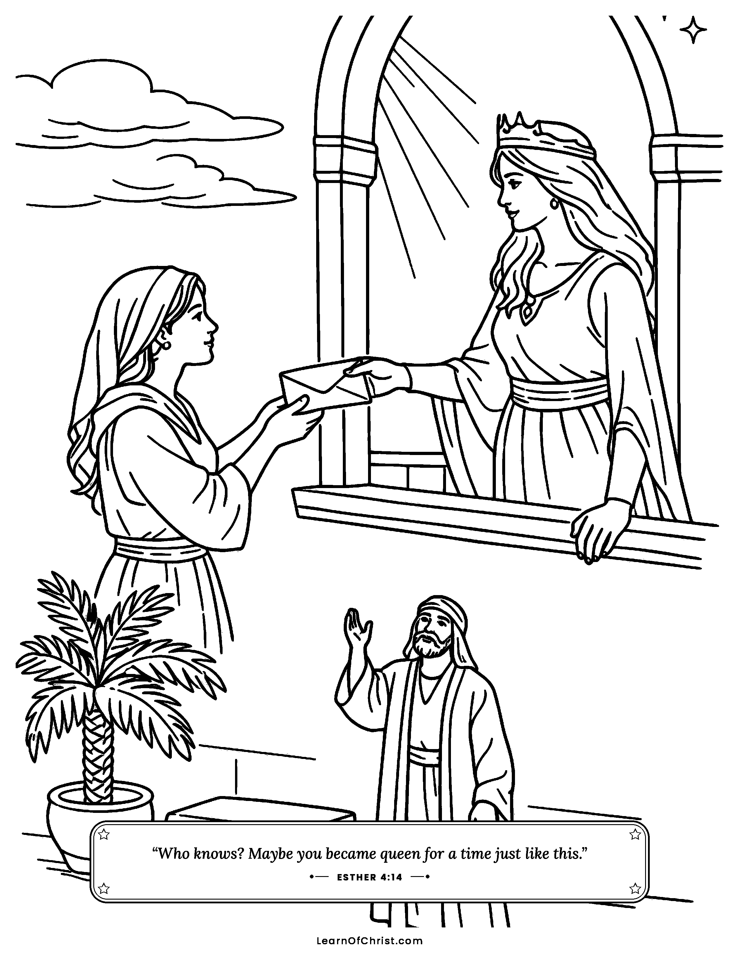 Esther 4 coloring page - A message reaches Esther in the palace. Free printable Bible coloring sheet for kids.