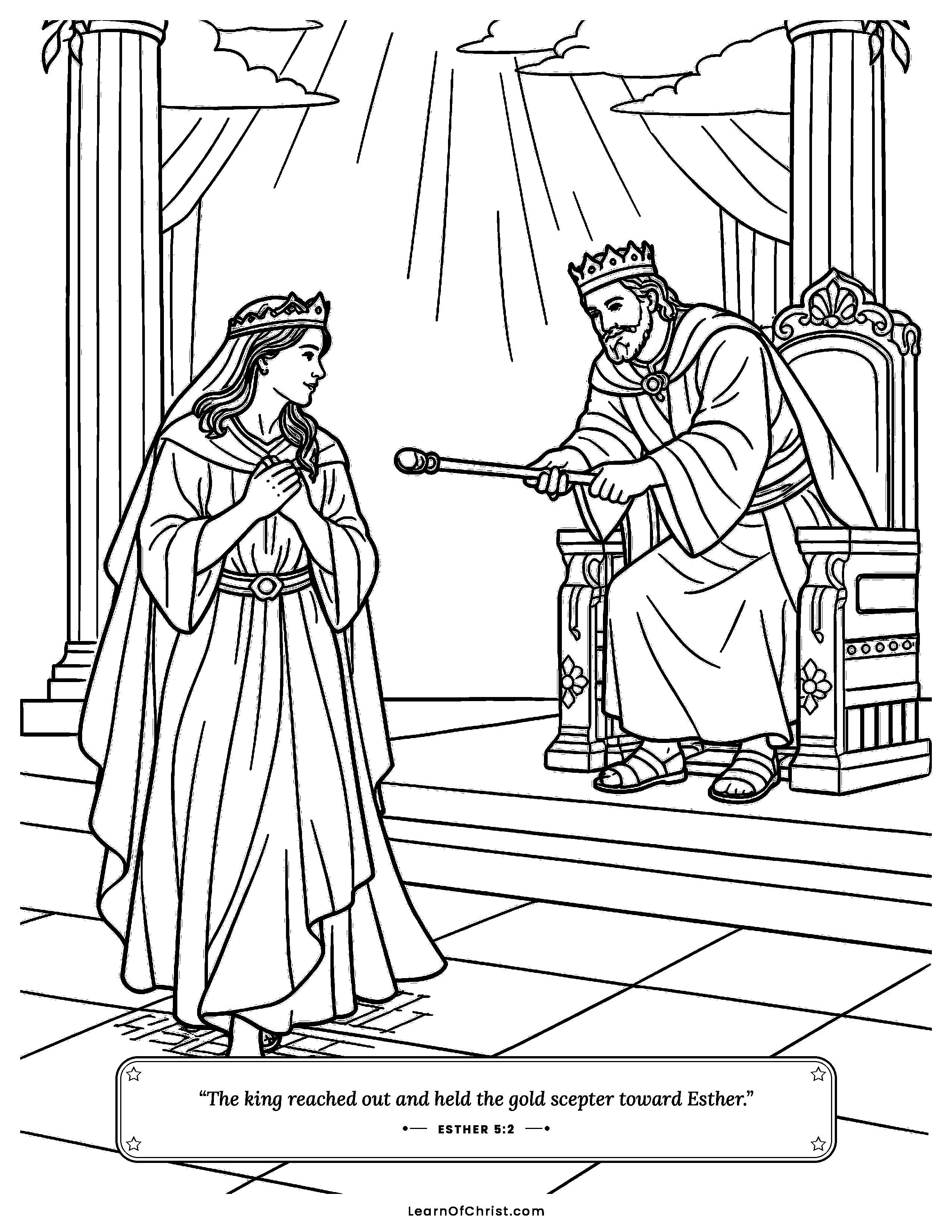 Esther 5 coloring page - The king holds out his golden scepter. Free printable Bible coloring sheet for kids.