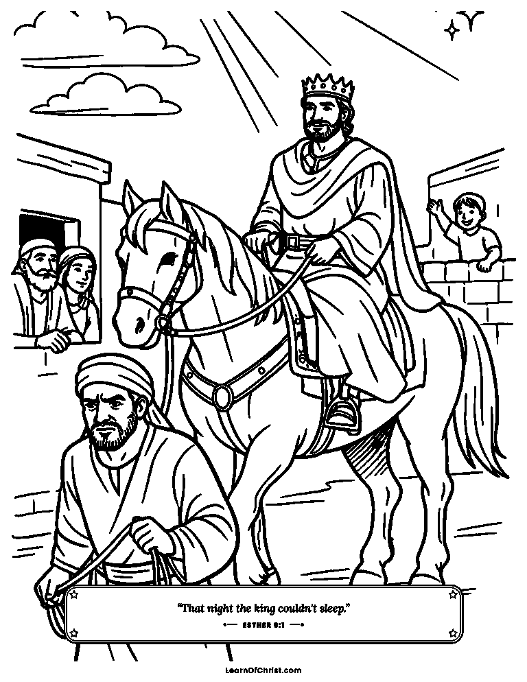 Esther 6 coloring page - Mordecai is honored with a royal parade