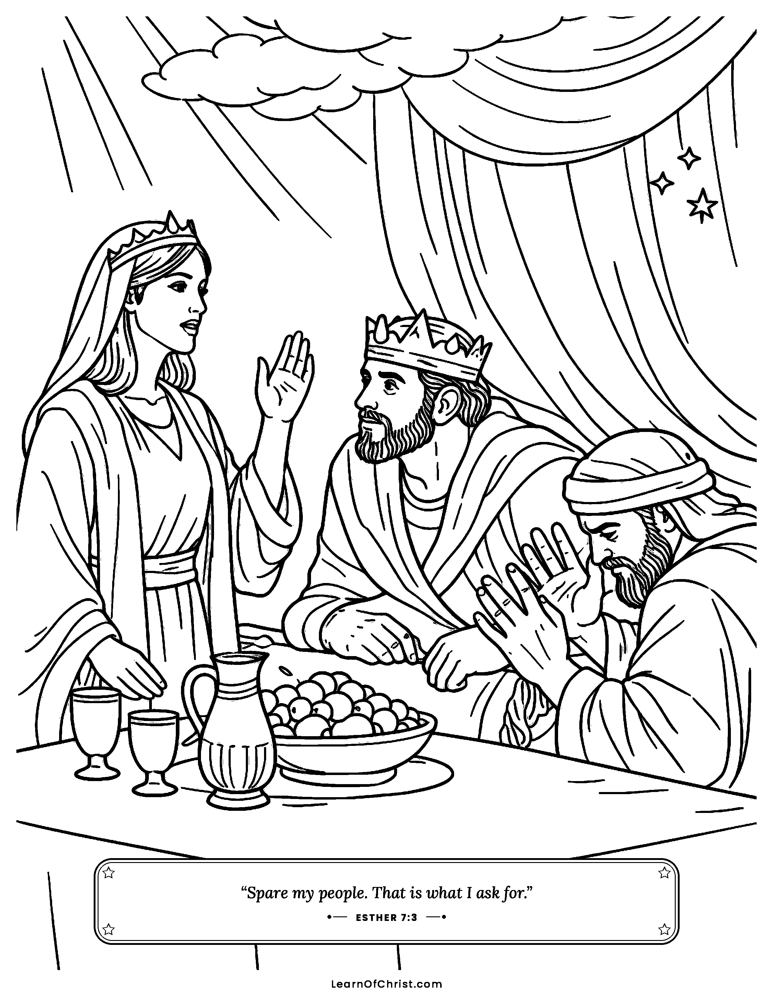 Esther 7 coloring page - Esther speaks up bravely at the banquet. Free printable Bible coloring sheet for kids.