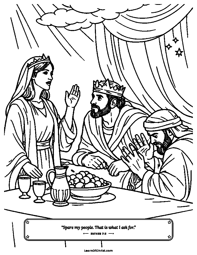 Esther 7 coloring page - Esther speaks up bravely at the banquet