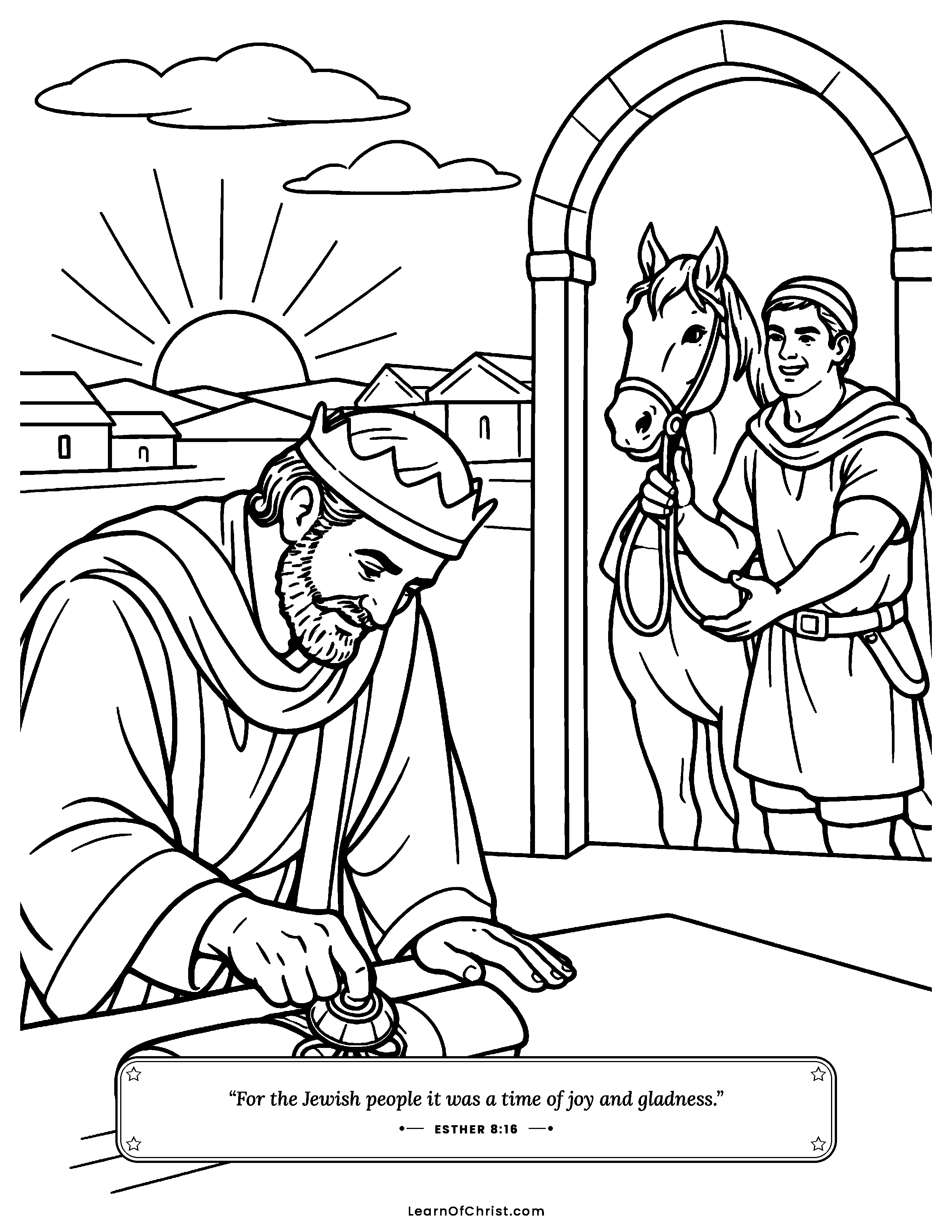 Esther 8 coloring page - Mordecai seals the good news. Free printable Bible coloring sheet for kids.